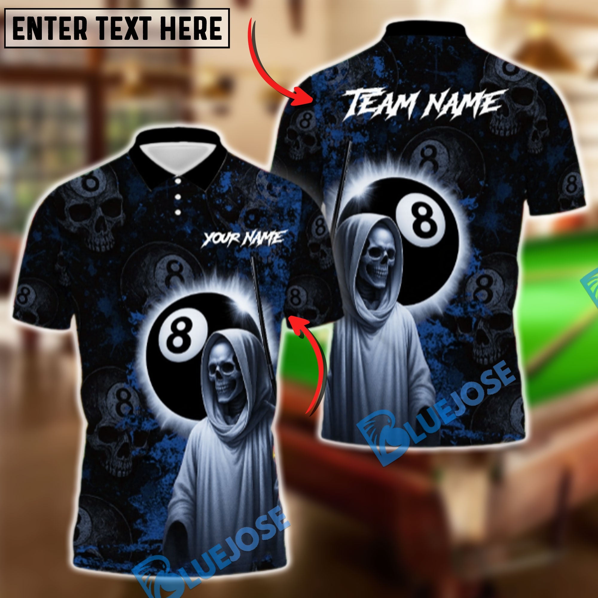 BlueJose Billiards 8 Ball Gothic Skull Personalized Name, Team Name Unisex Shirt (4 Colors)