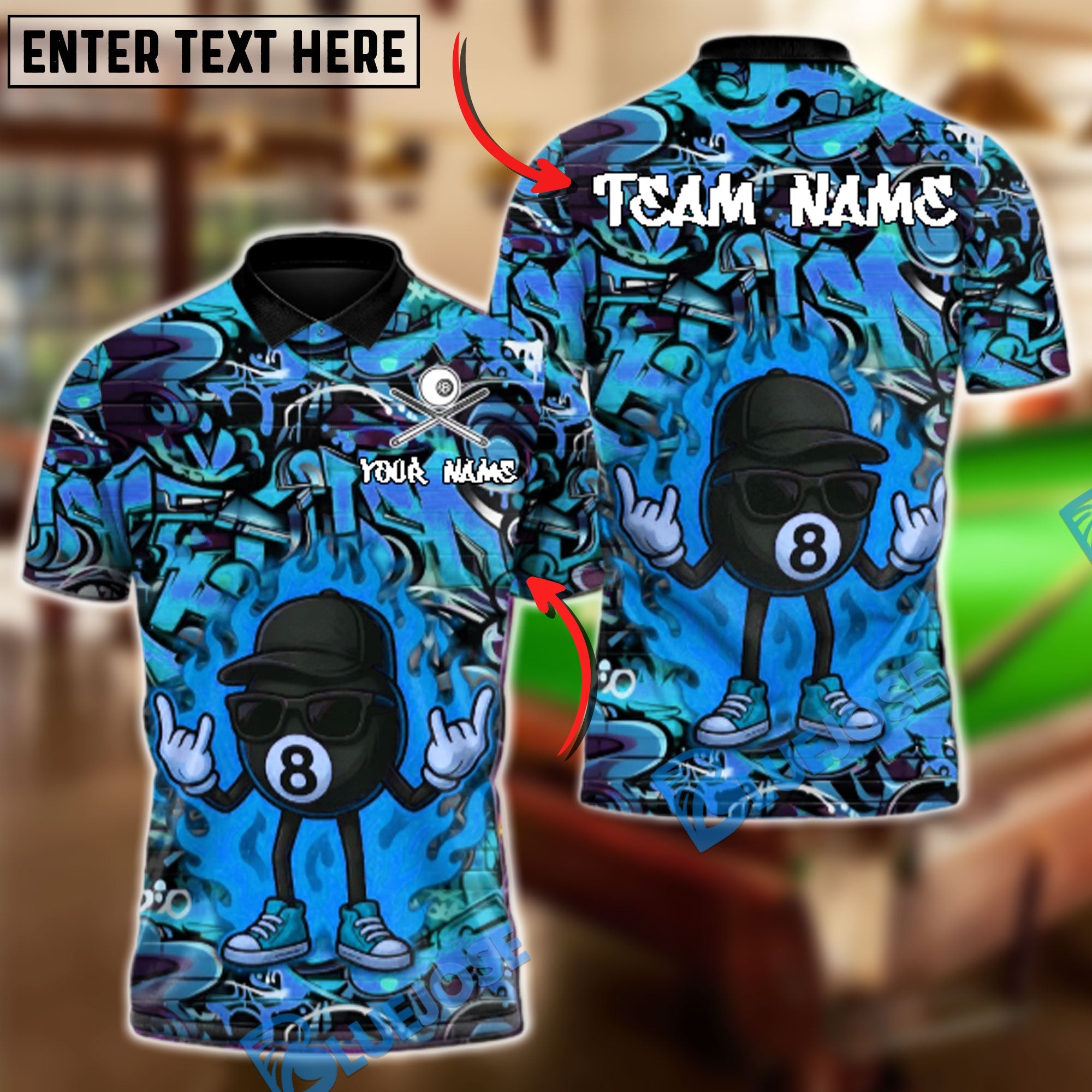 BlueJose Billiards 8 Ball Fire Graffiti Hip Hop Swag Personalized Name, Team Name Unisex Shirt (4 Colors)