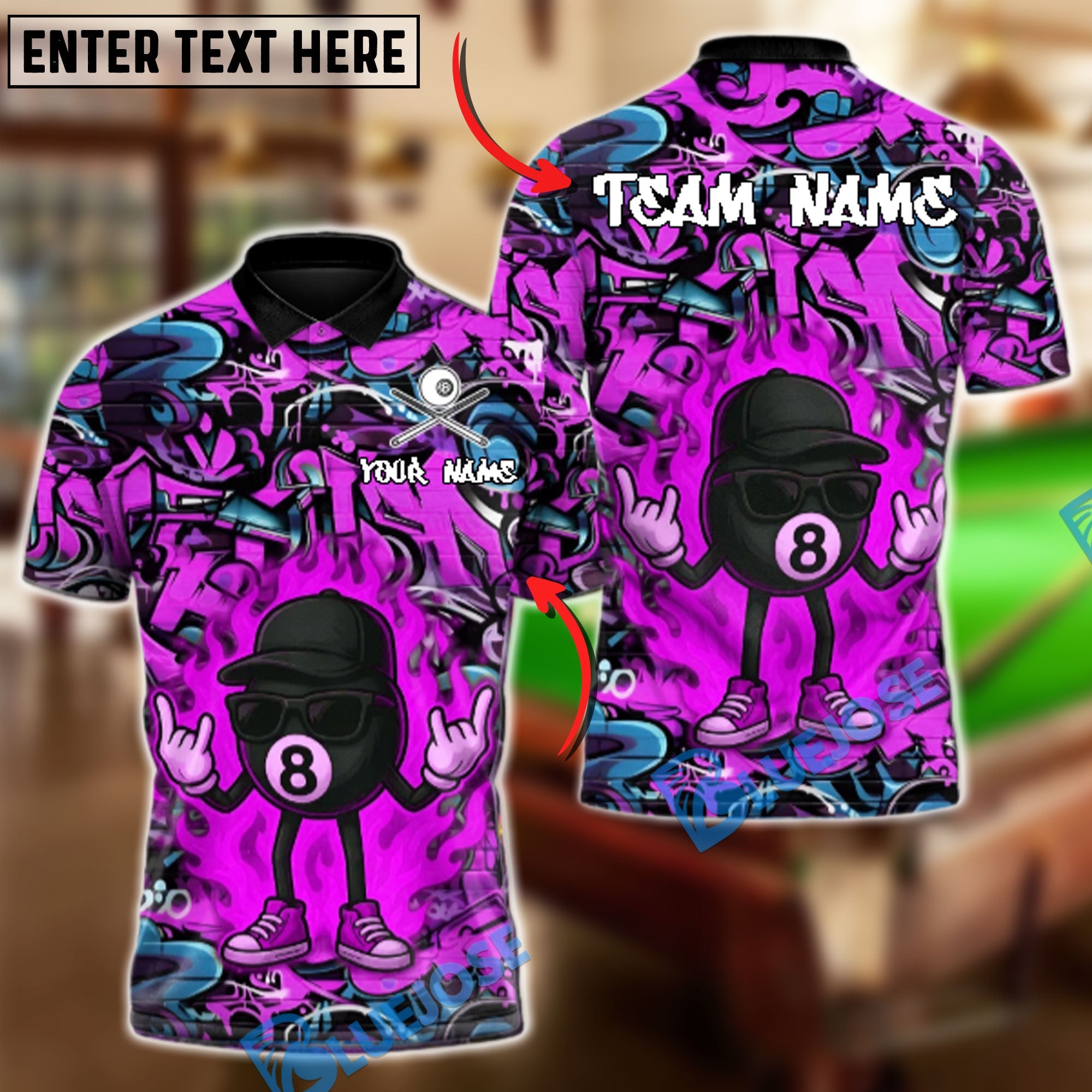 BlueJose Billiards 8 Ball Fire Graffiti Hip Hop Swag Personalized Name, Team Name Unisex Shirt (4 Colors)