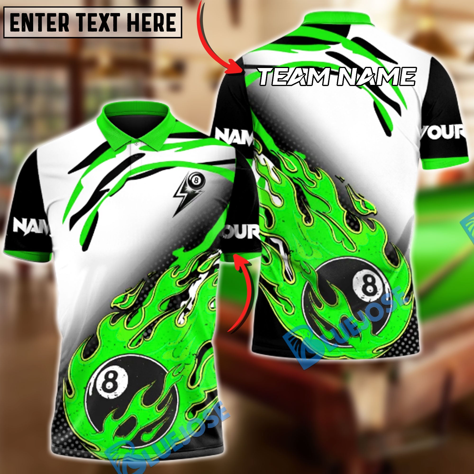 BlueJose Billiards Ball 8 Lightning Break Inferno Customized Name, Team Name 3D Shirt (4 Colors)