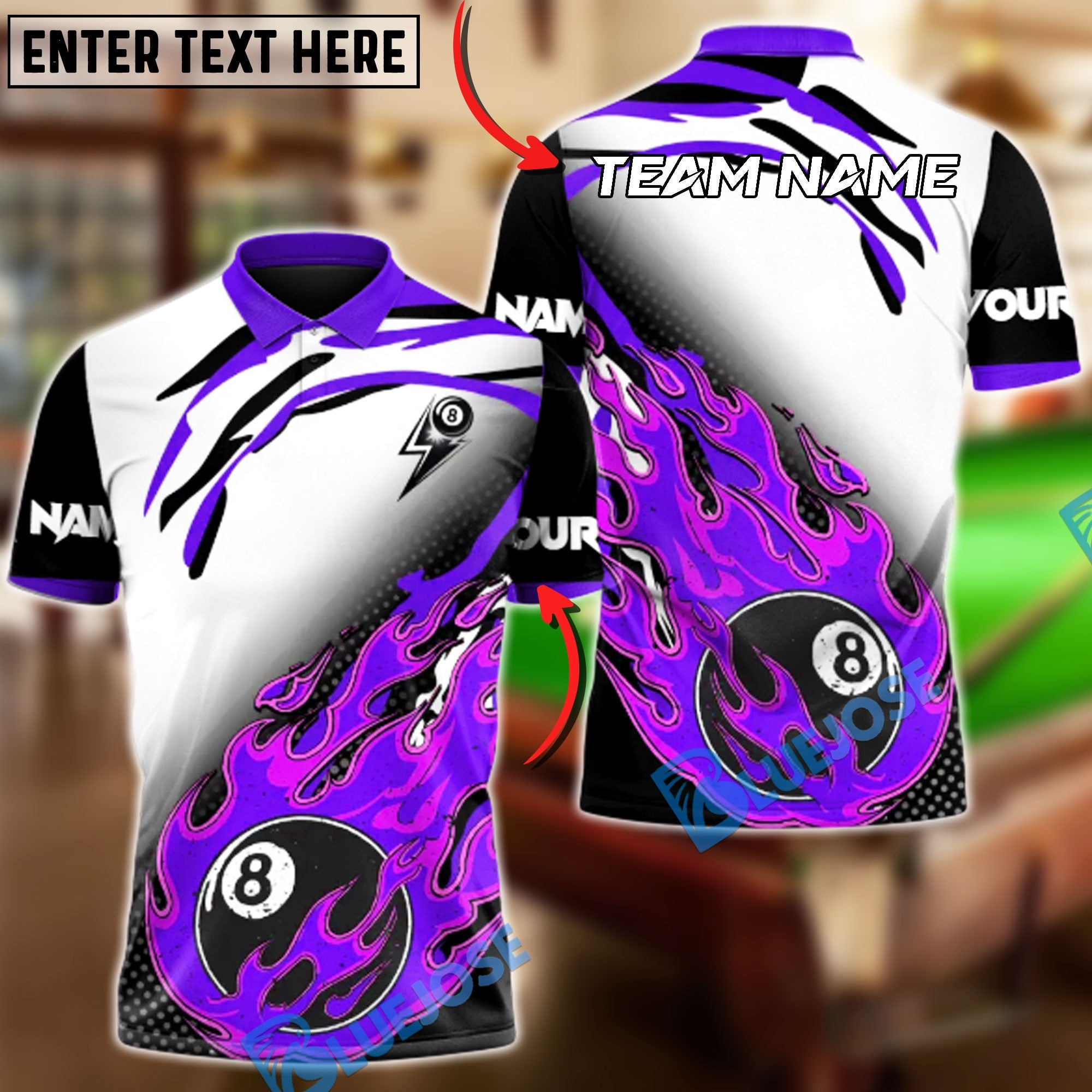 BlueJose Billiards Ball 8 Lightning Break Inferno Customized Name, Team Name 3D Shirt (4 Colors)