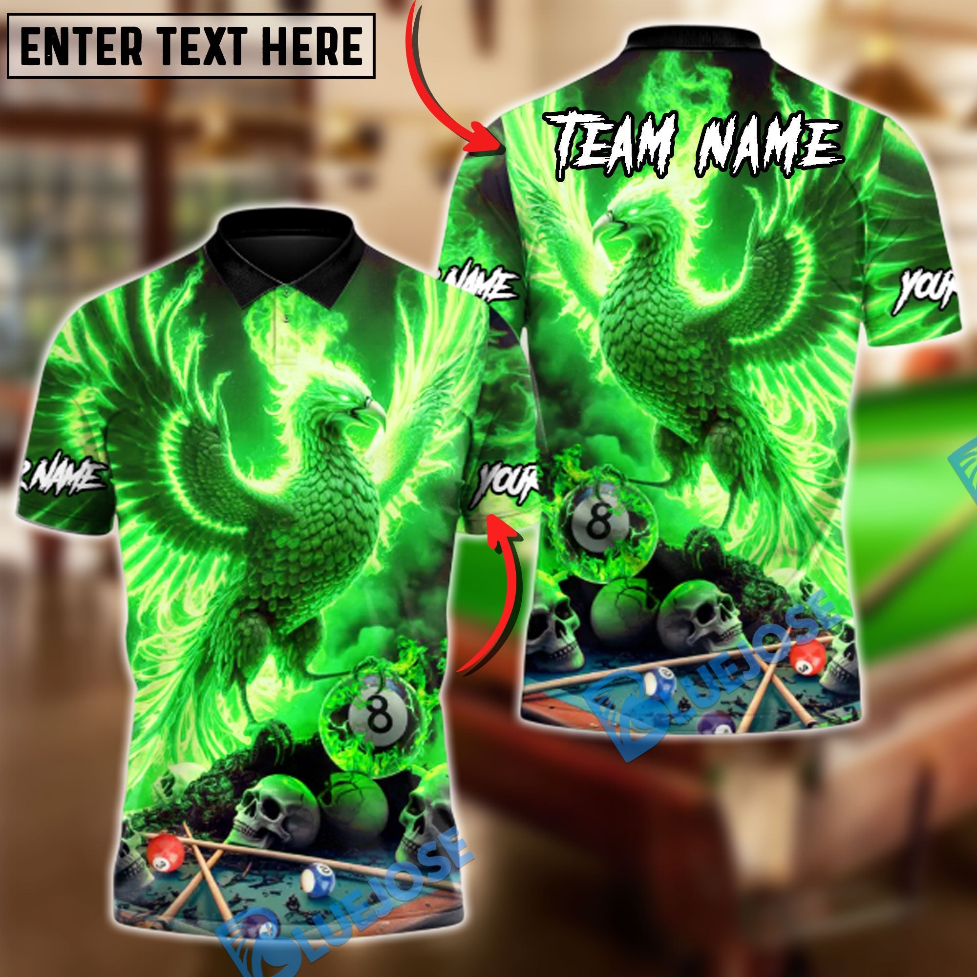 BlueJose Billiards Ball 8 Death & Rebirth Phoenix Customized Name, Team Name 3D Shirt (4 Colors)
