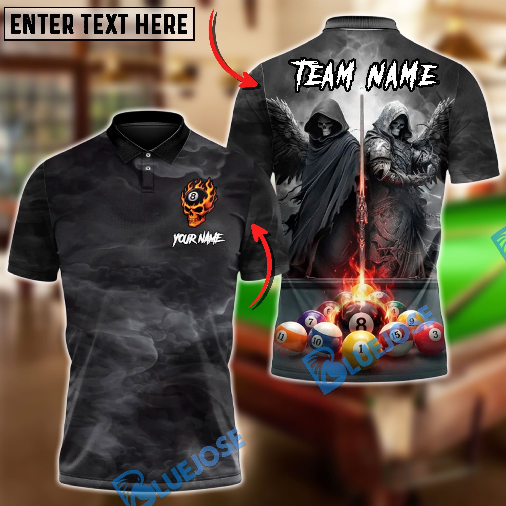BlueJoses Billiards 8 Ball Twin Grim Reapers Master Customized Name, Team Name 3D Shirt