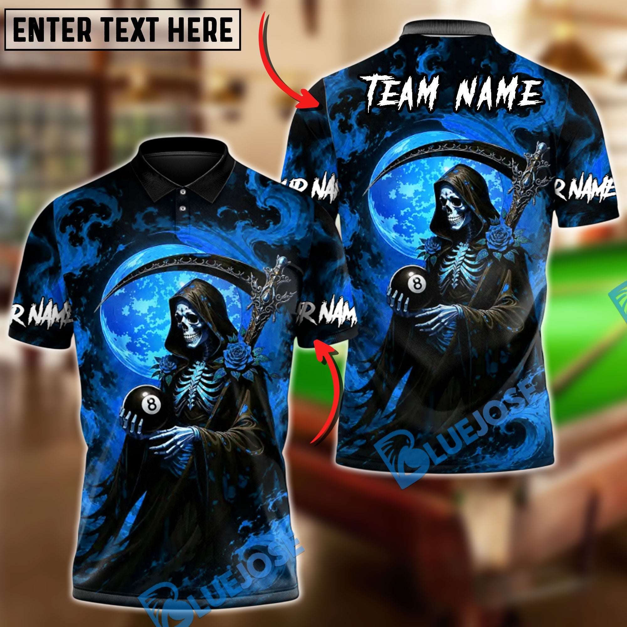 BlueJose Billiards 8 Ball Underworld Skeleton Gothic Rose Personalized Name Shirt (4 Colors)