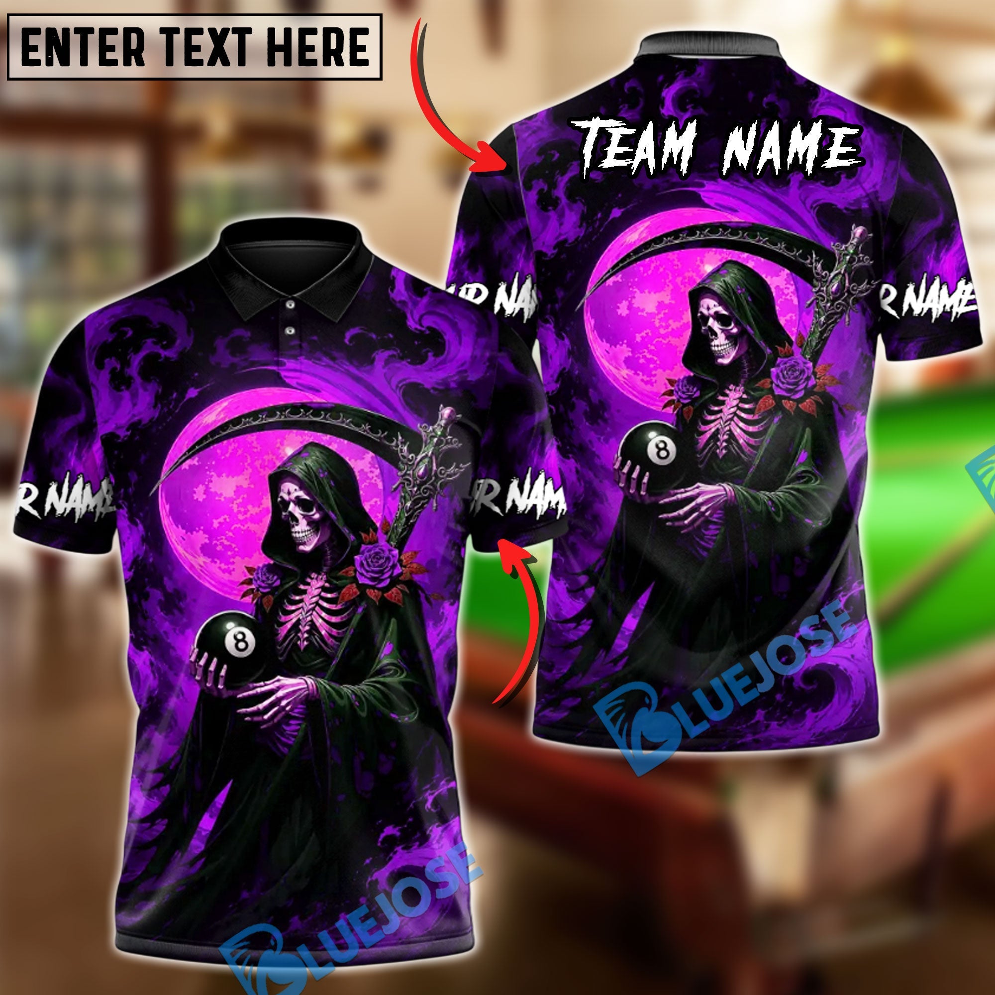 BlueJose Billiards 8 Ball Underworld Skeleton Gothic Rose Personalized Name Shirt (4 Colors)