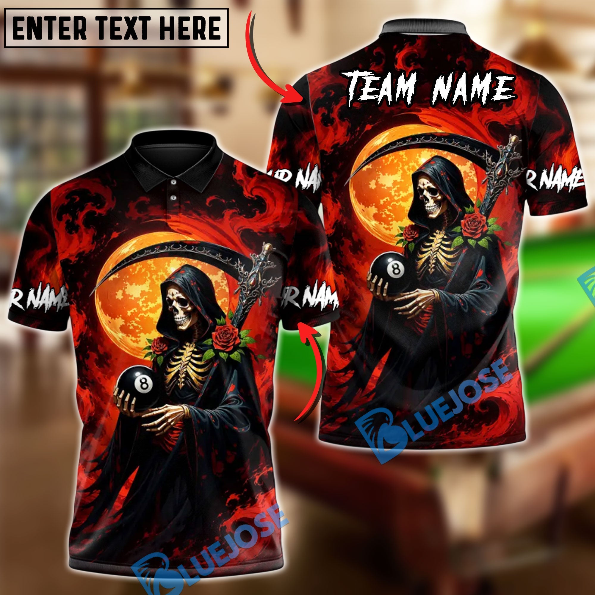 BlueJose Billiards 8 Ball Underworld Skeleton Gothic Rose Personalized Name Shirt (4 Colors)