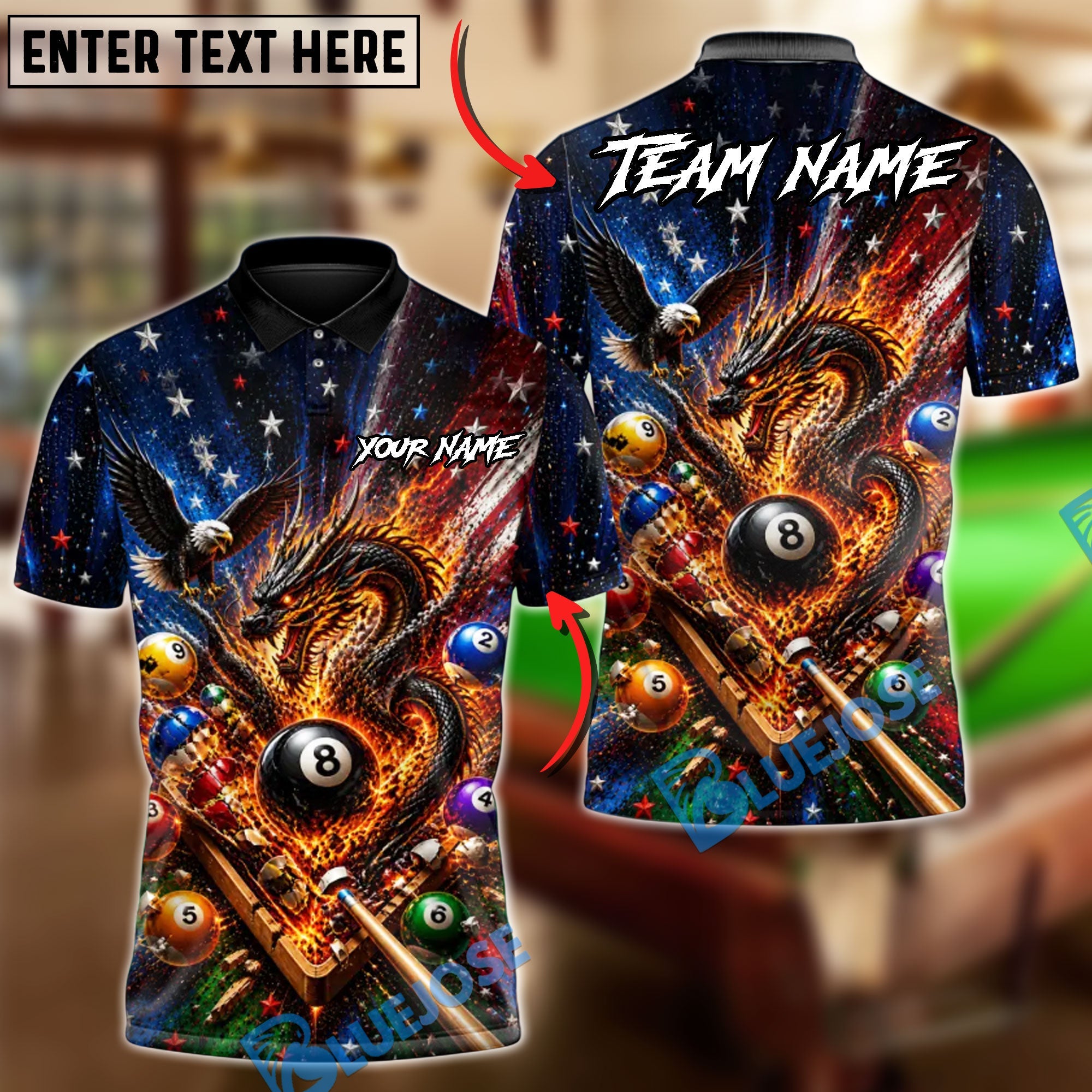 BlueJoses Billiards 8 Ball Patriot Eagle Fire Dragon Magic Customized Name, Team Name 3D Shirt