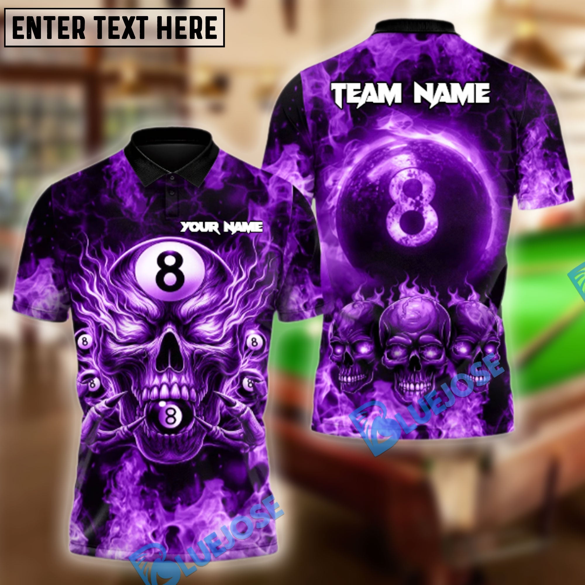 BlueJose Billiards Ball 8 Pool Skull Fire Personalized Name Shirt (4 Colors)