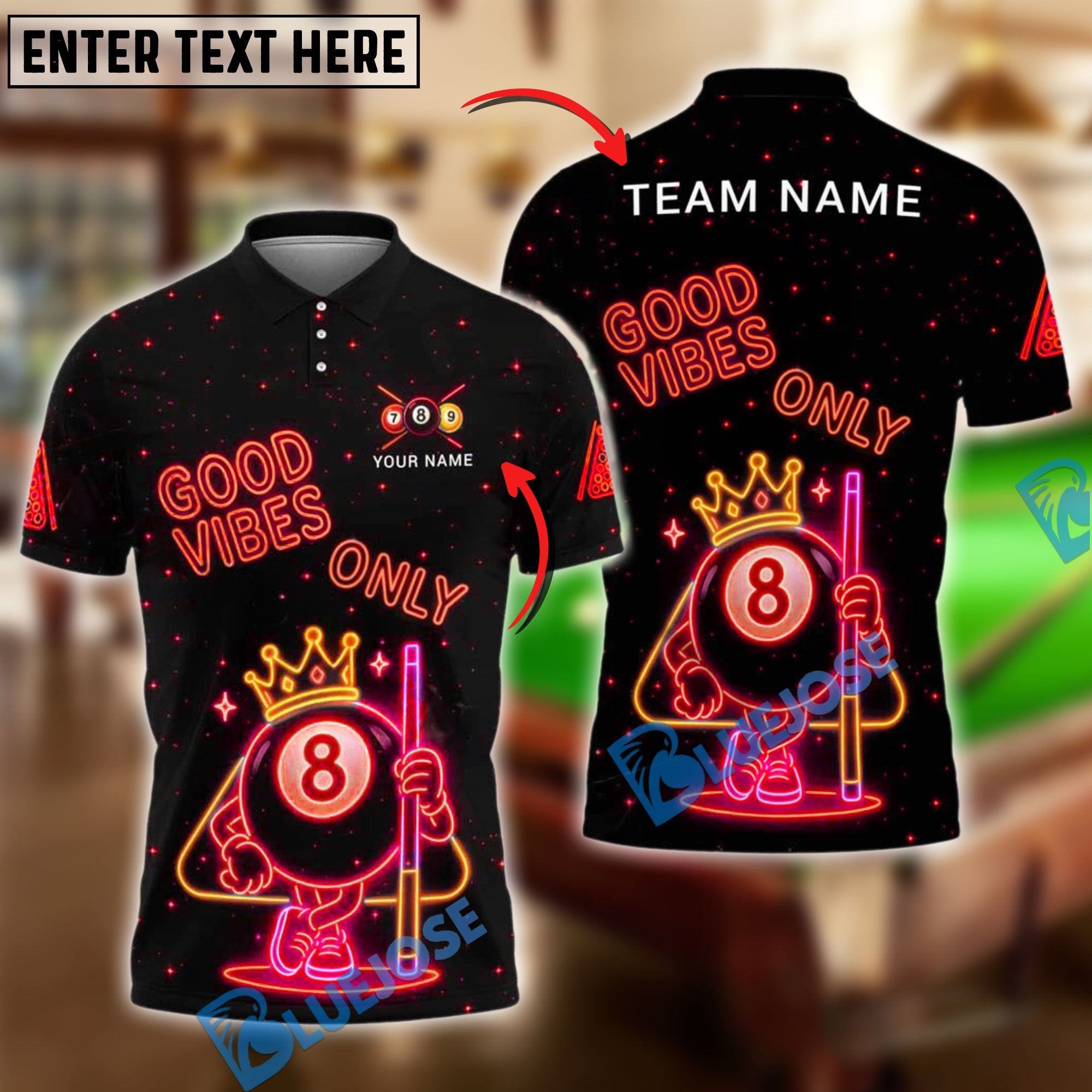 BlueJose Billiards 8-Ball Good Vibes Neon Crown Personalized Name Shirt (4 Colors)