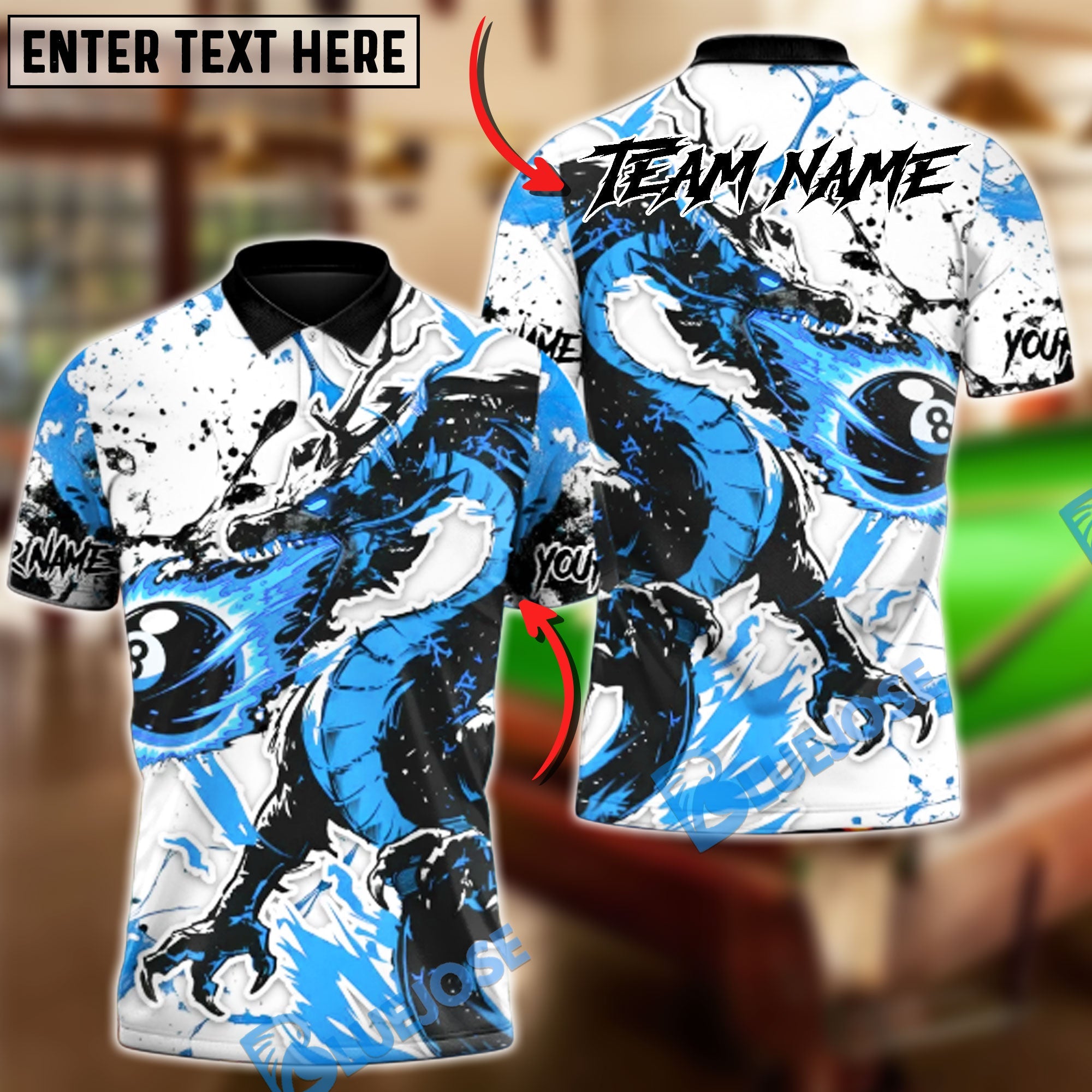 BlueJose Billiards 8-Ball Inferno Dragon Customized Name, Team Name 3D Shirt (4 Colors)