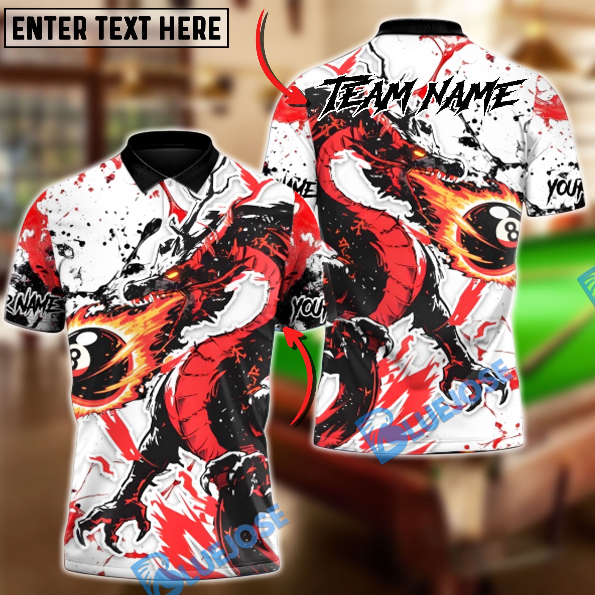 BlueJose Billiards 8-Ball Inferno Dragon Customized Name, Team Name 3D Shirt (4 Colors)
