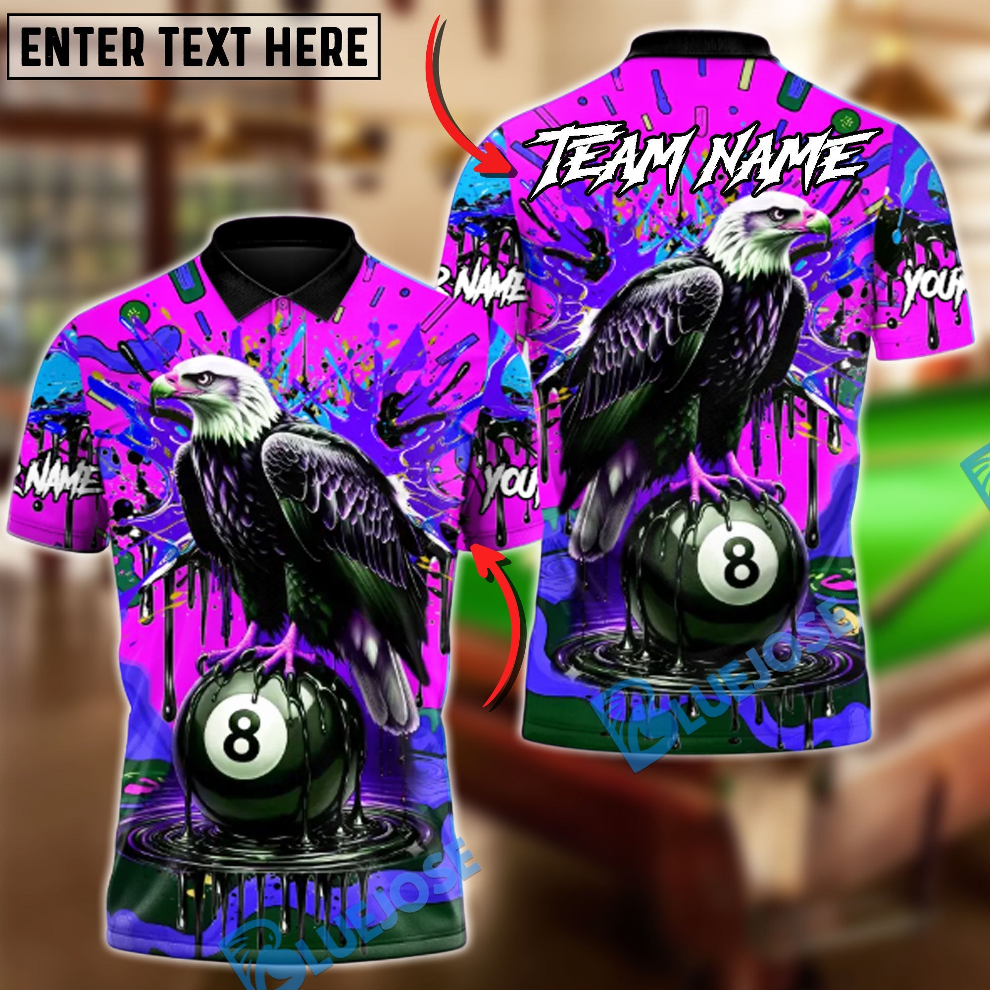 BlueJose Billiards 8-Ball Champion Eagle Customized Name, Team Name 3D Shirt (4 Colors)