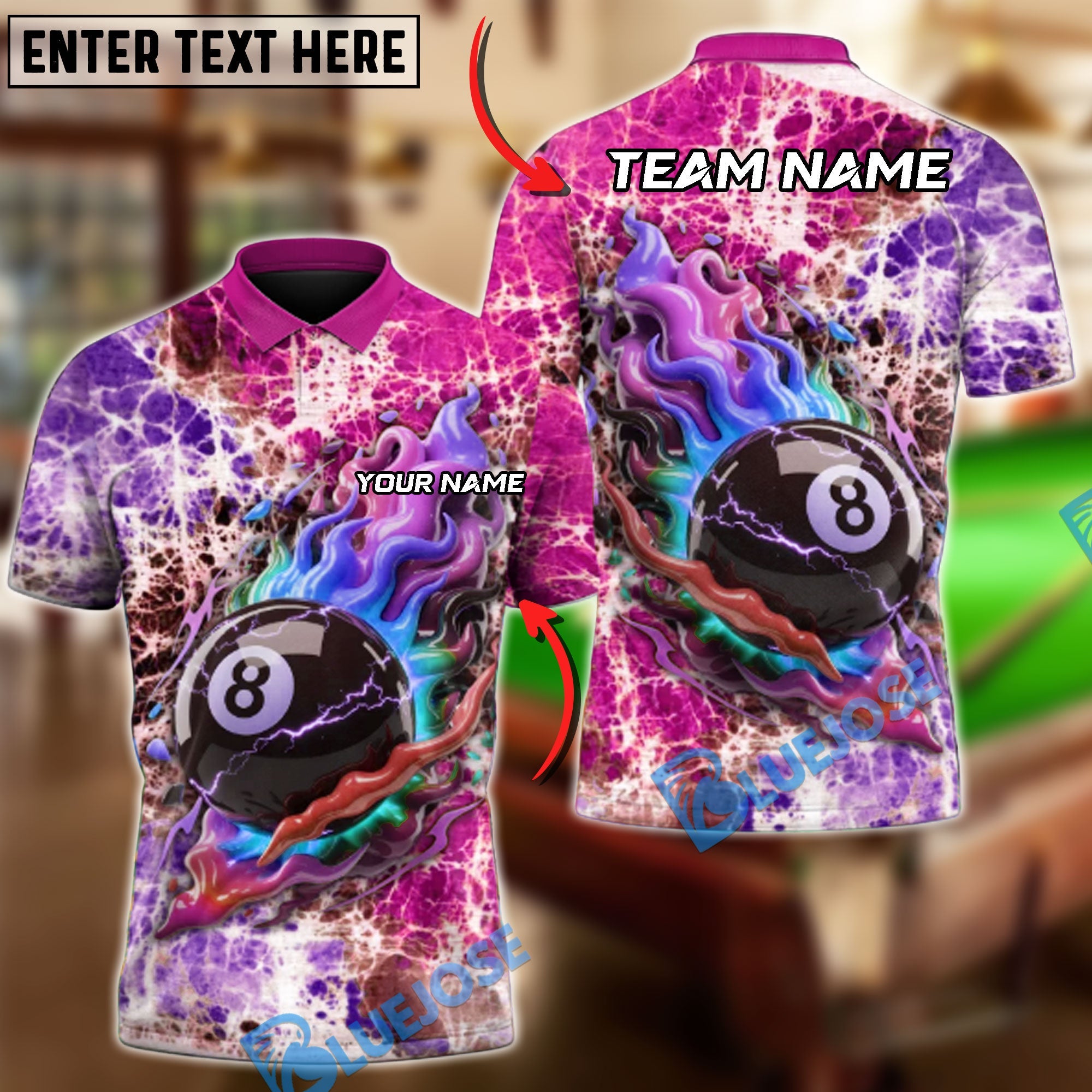 BlueJose Billiards 8-Ball Electro Flame Customized Name, Team Name 3D Shirt (4 Colors)
