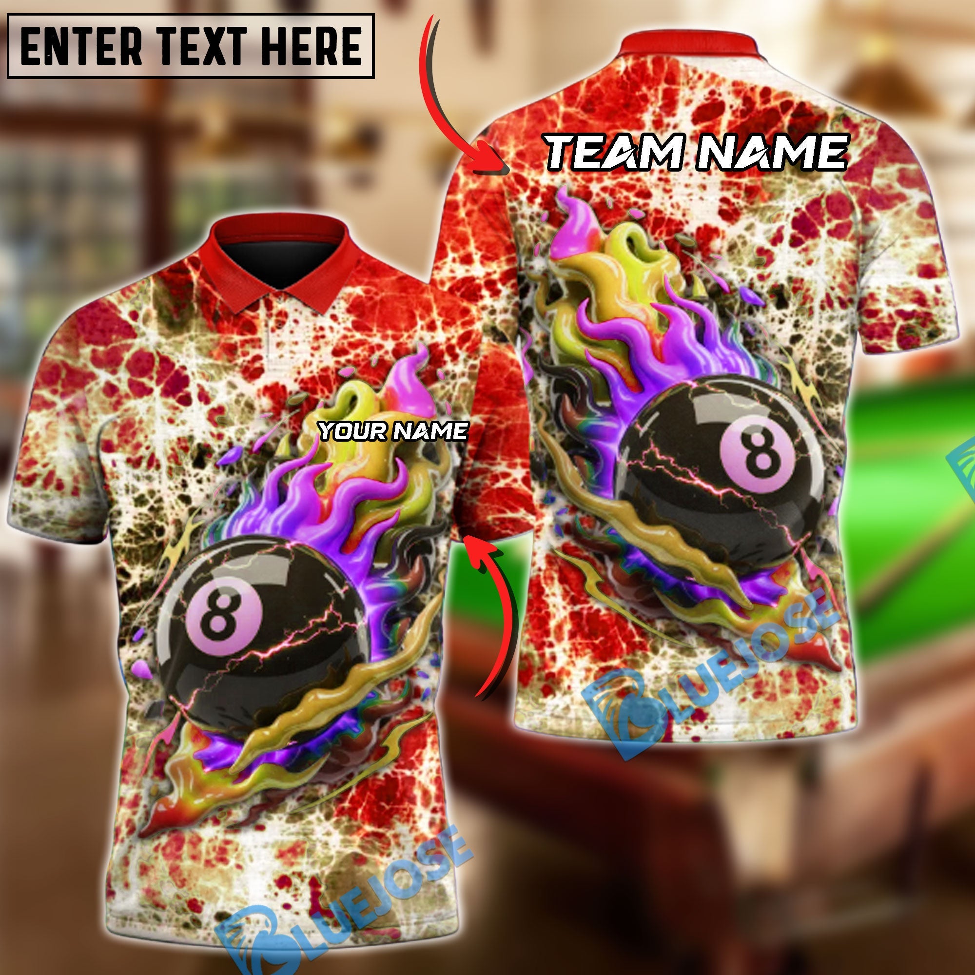 BlueJose Billiards 8-Ball Electro Flame Customized Name, Team Name 3D Shirt (4 Colors)