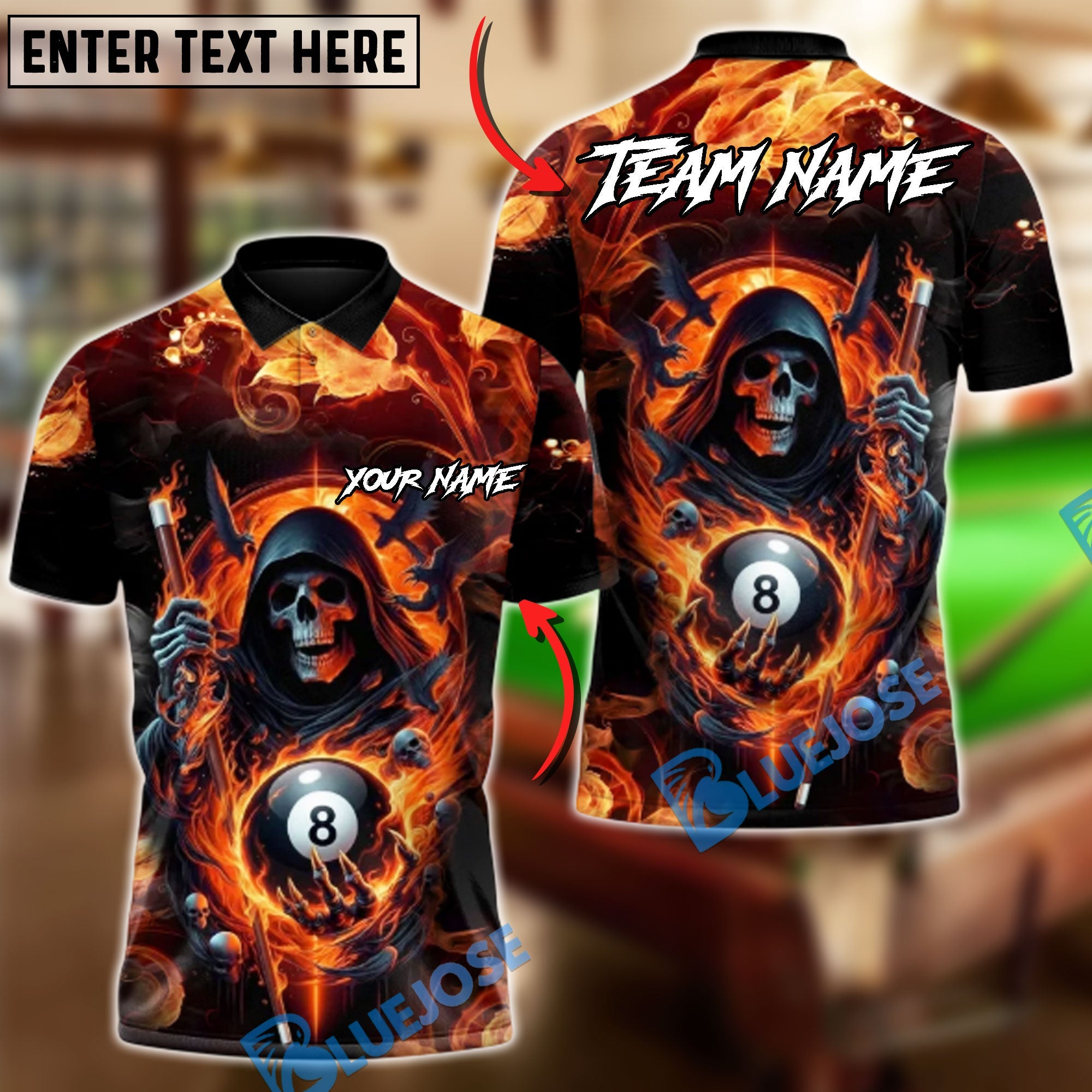 BlueJose Billiards 8-Ball Shadow Reaper Customized Name, Team Name 3D Shirt (4 Colors)