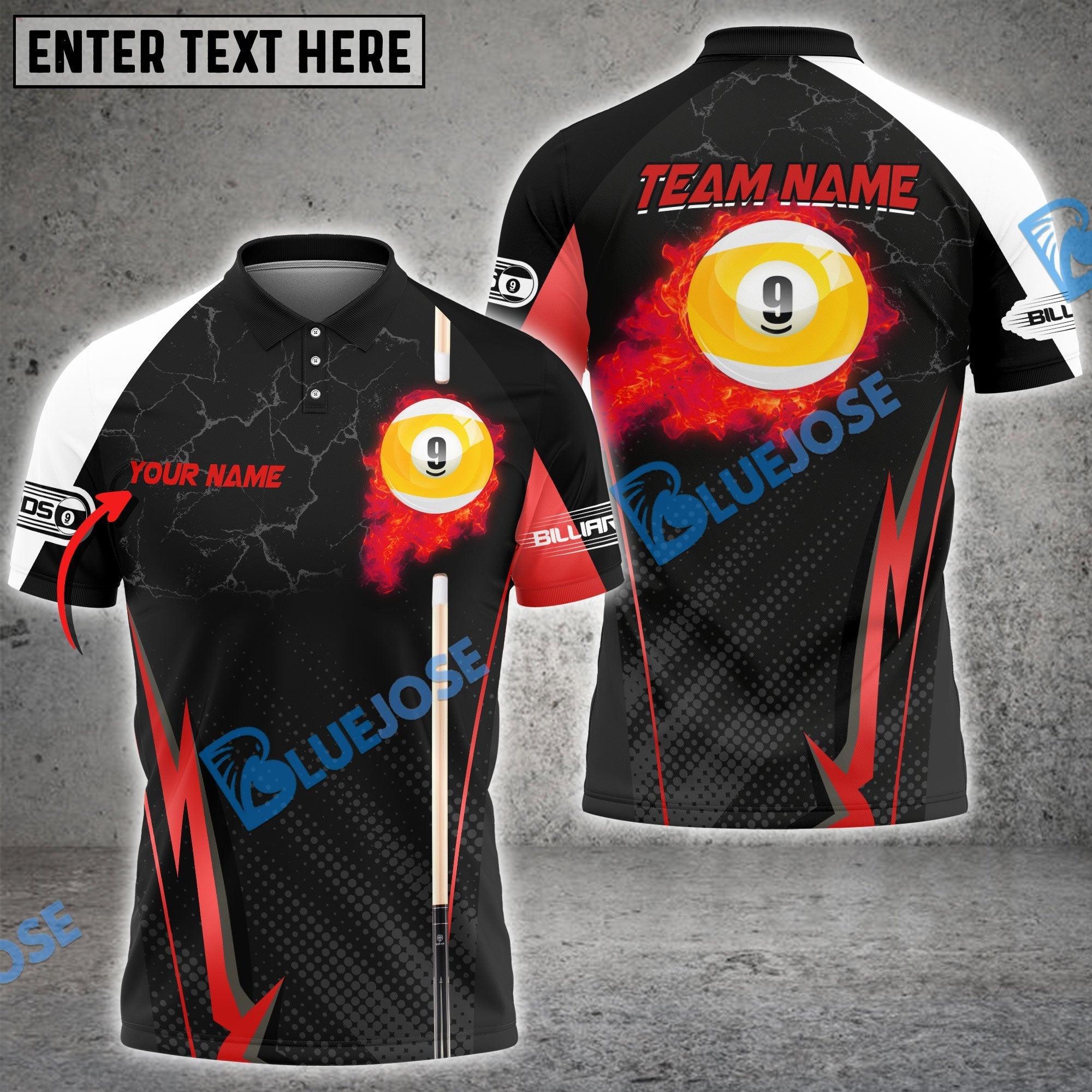 BlueJose Billiards Ball 9 Fire Cue Personalized Name, Team Name Unisex Shirt (4 Colors)