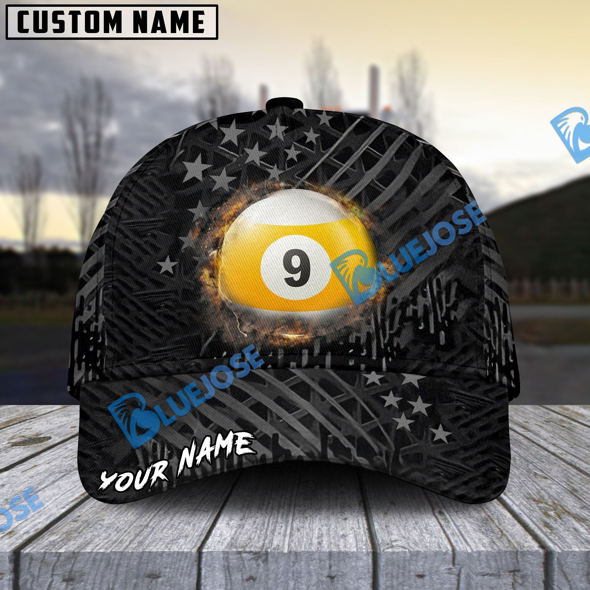BlueJose Billiards Ball 9 Fire Black US Flag Personalized Name Cap