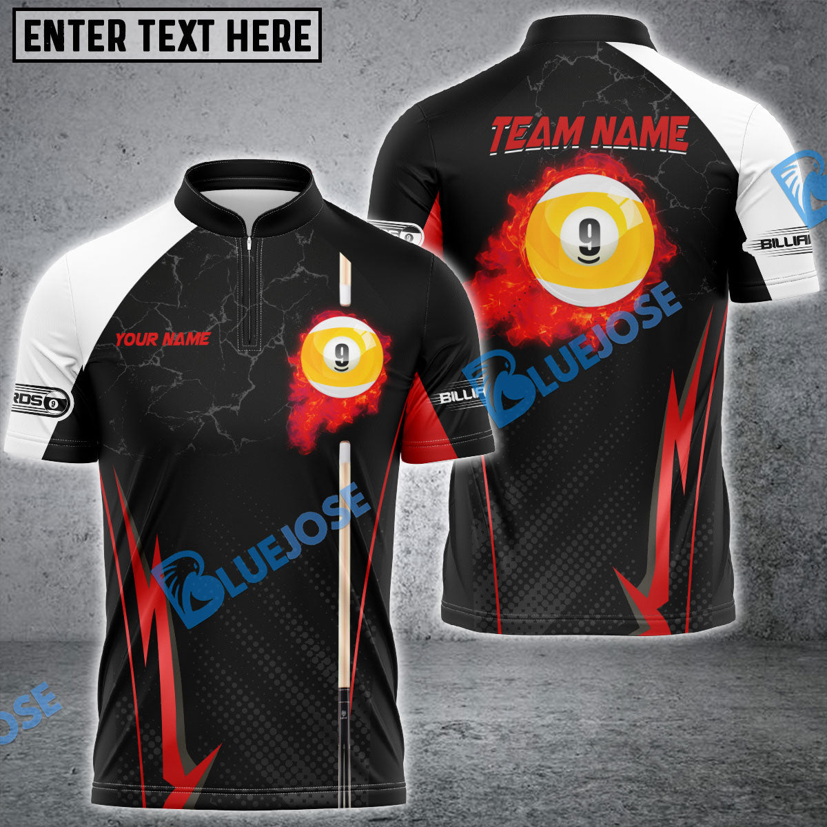 BlueJose Billiards Ball 9 Fire Cue Personalized Name, Team Name Unisex Shirt (4 Colors)