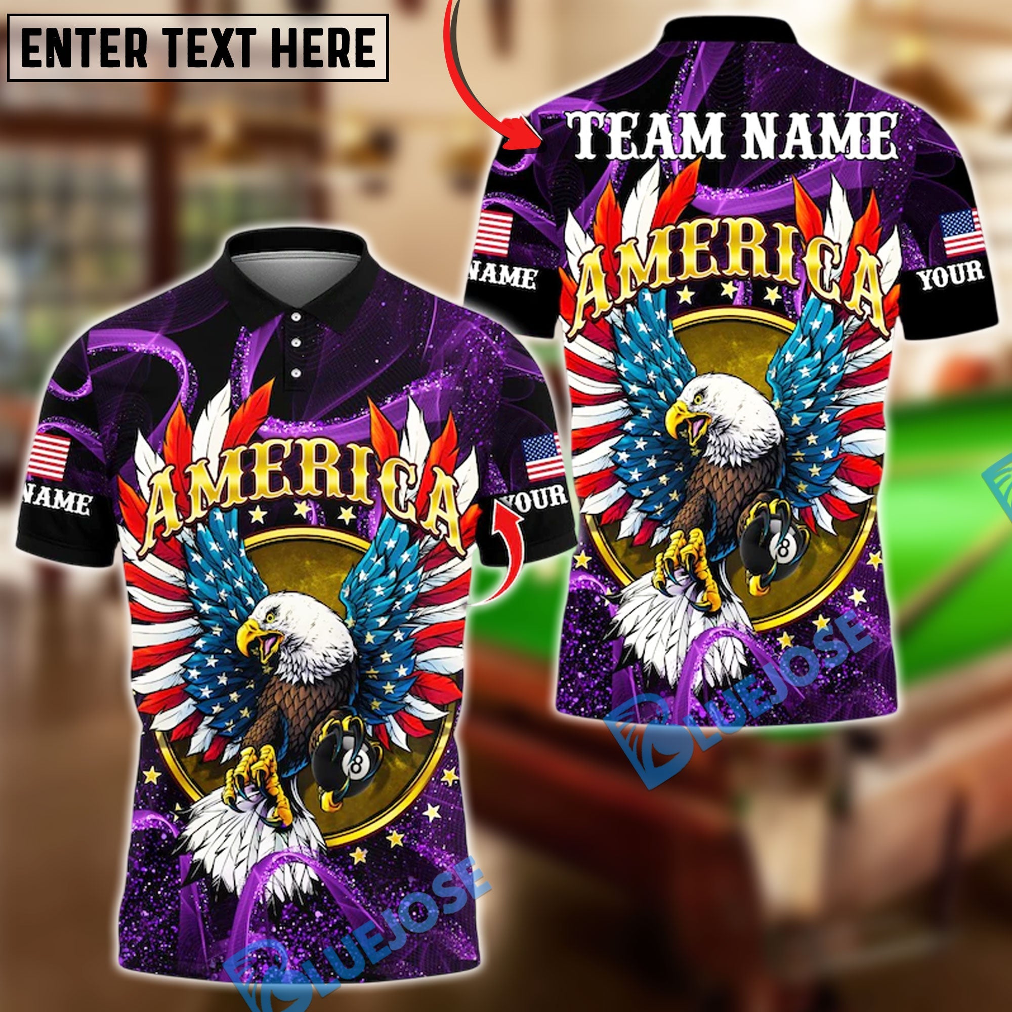 BlueJose Billiards 8-Ball American Eagle Glory Wings Design Personalized Name, Team Name Unisex Shirt (6 Colors)