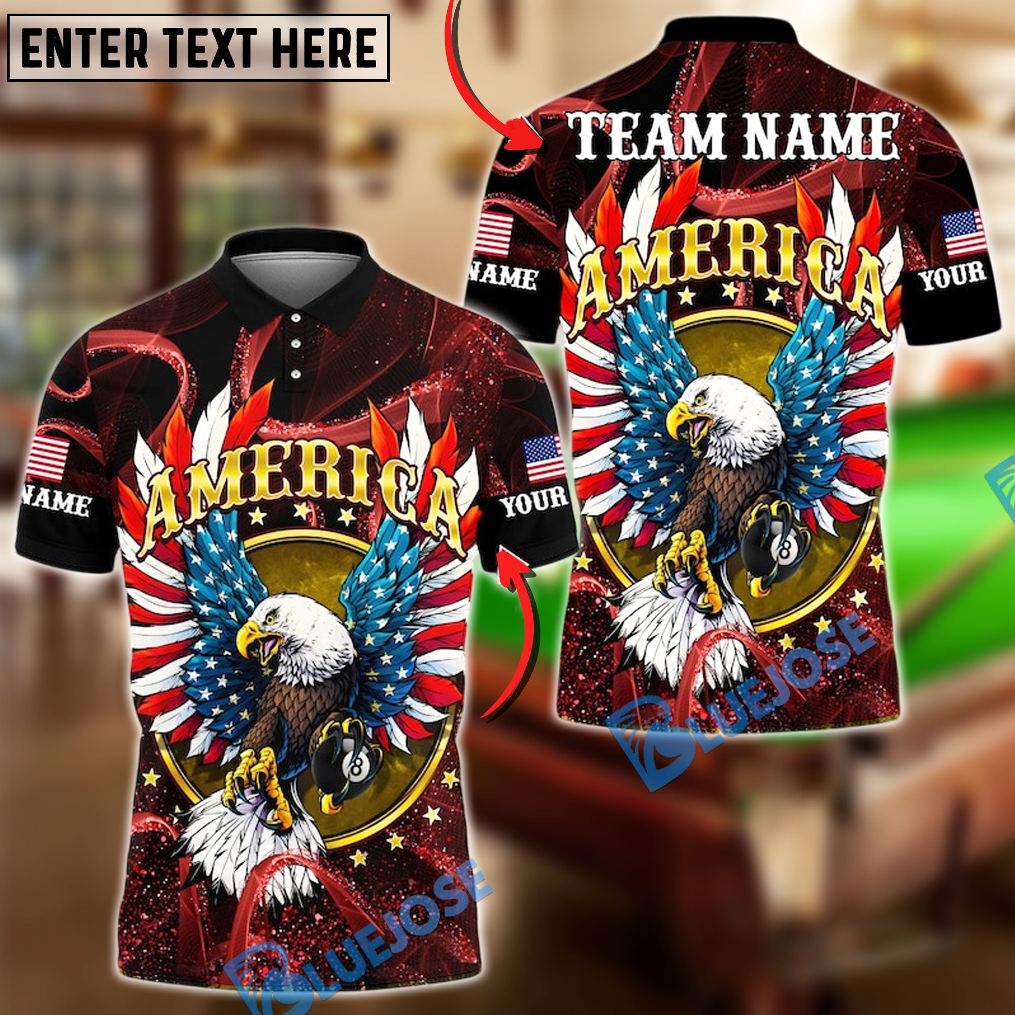 BlueJose Billiards 8-Ball American Eagle Glory Wings Design Personalized Name, Team Name Unisex Shirt (6 Colors)
