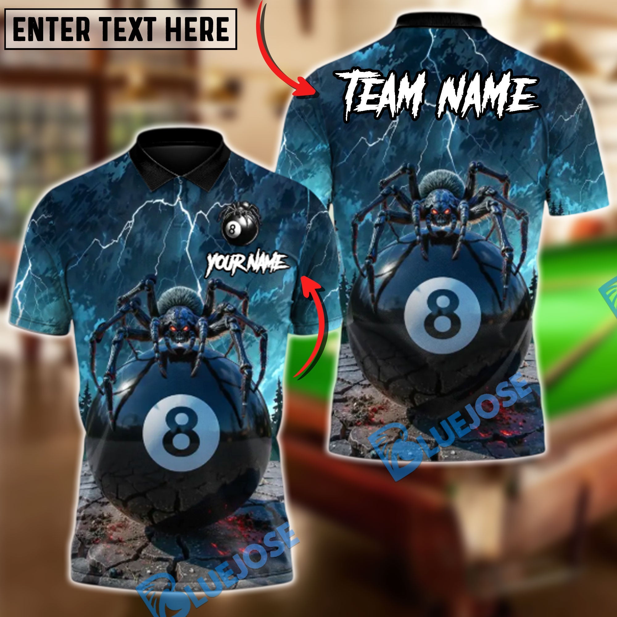 BlueJose Billiards Spider Widow of the 8 Ball Customized Name, Team Name 3D Shirt (6 Colors)