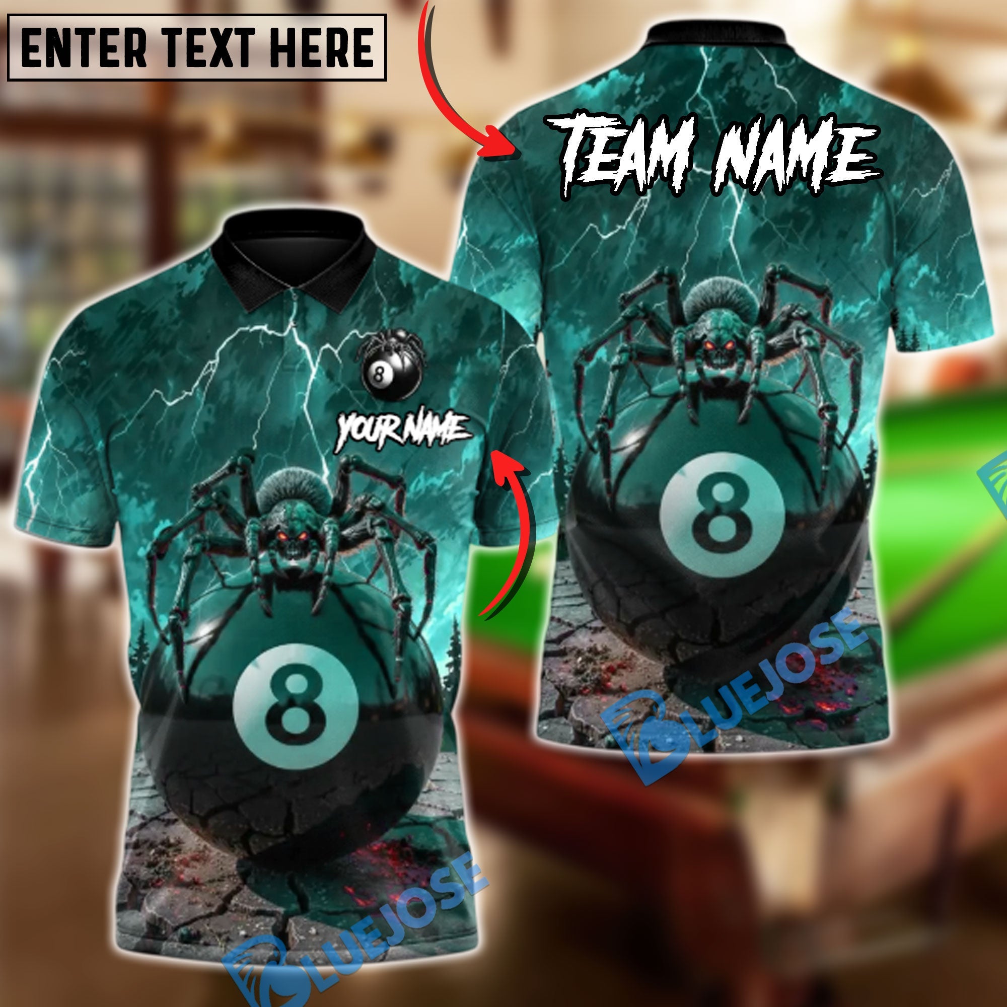 BlueJose Billiards Spider Widow of the 8 Ball Customized Name, Team Name 3D Shirt (6 Colors)