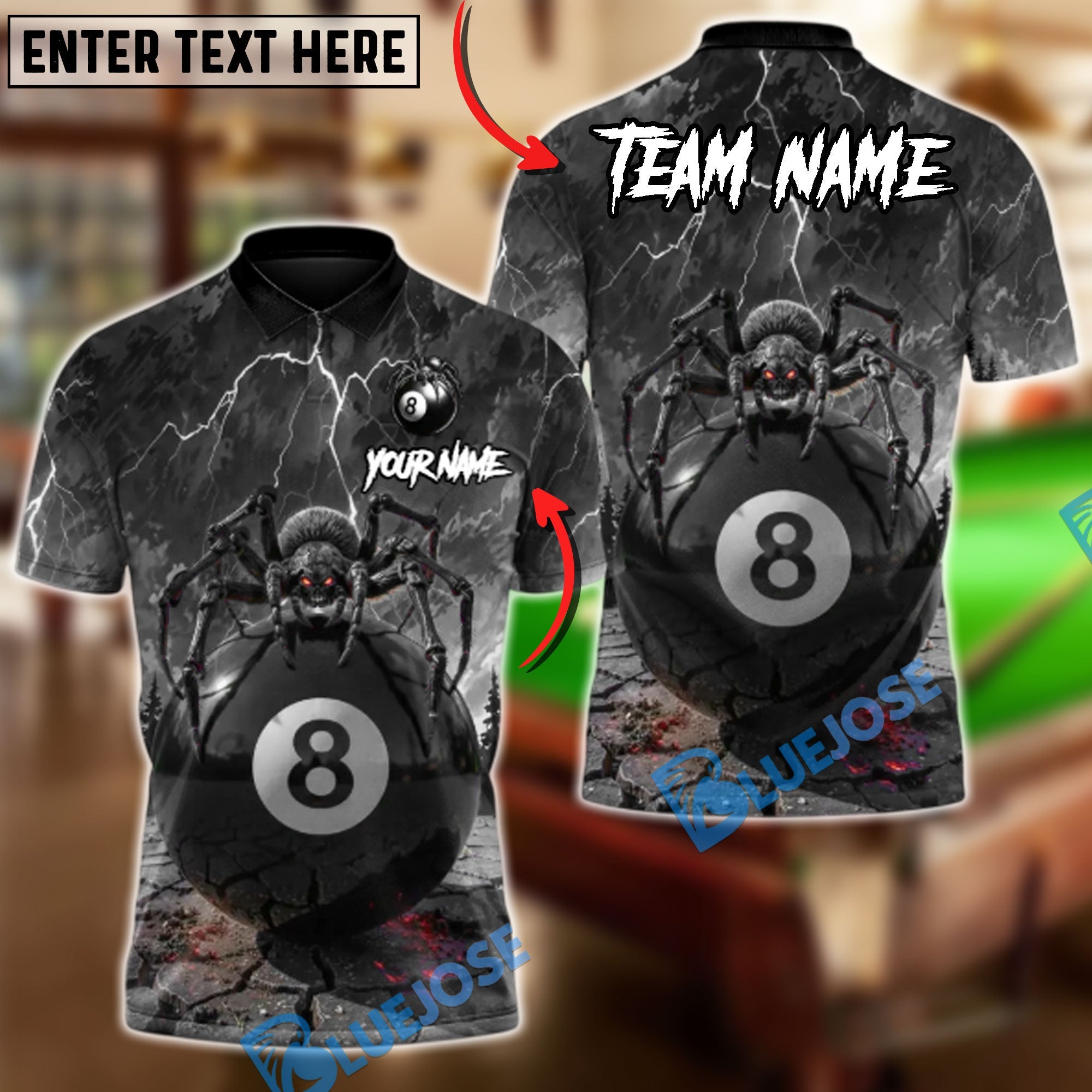 BlueJose Billiards Spider Widow of the 8 Ball Customized Name, Team Name 3D Shirt (6 Colors)
