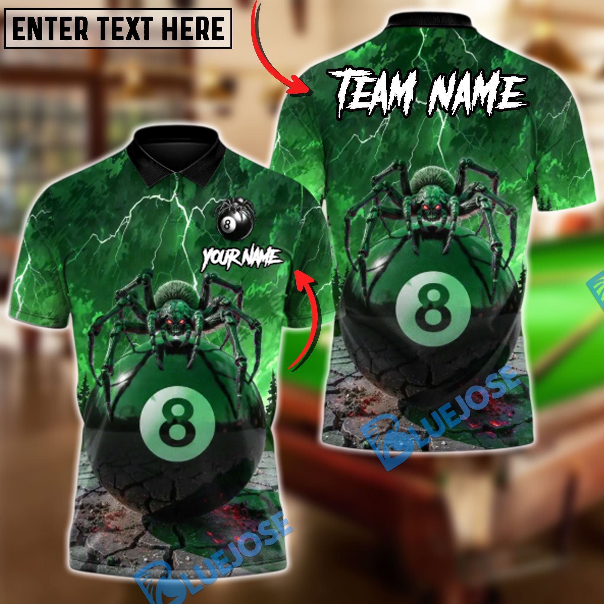 BlueJose Billiards Spider Widow of the 8 Ball Customized Name, Team Name 3D Shirt (6 Colors)