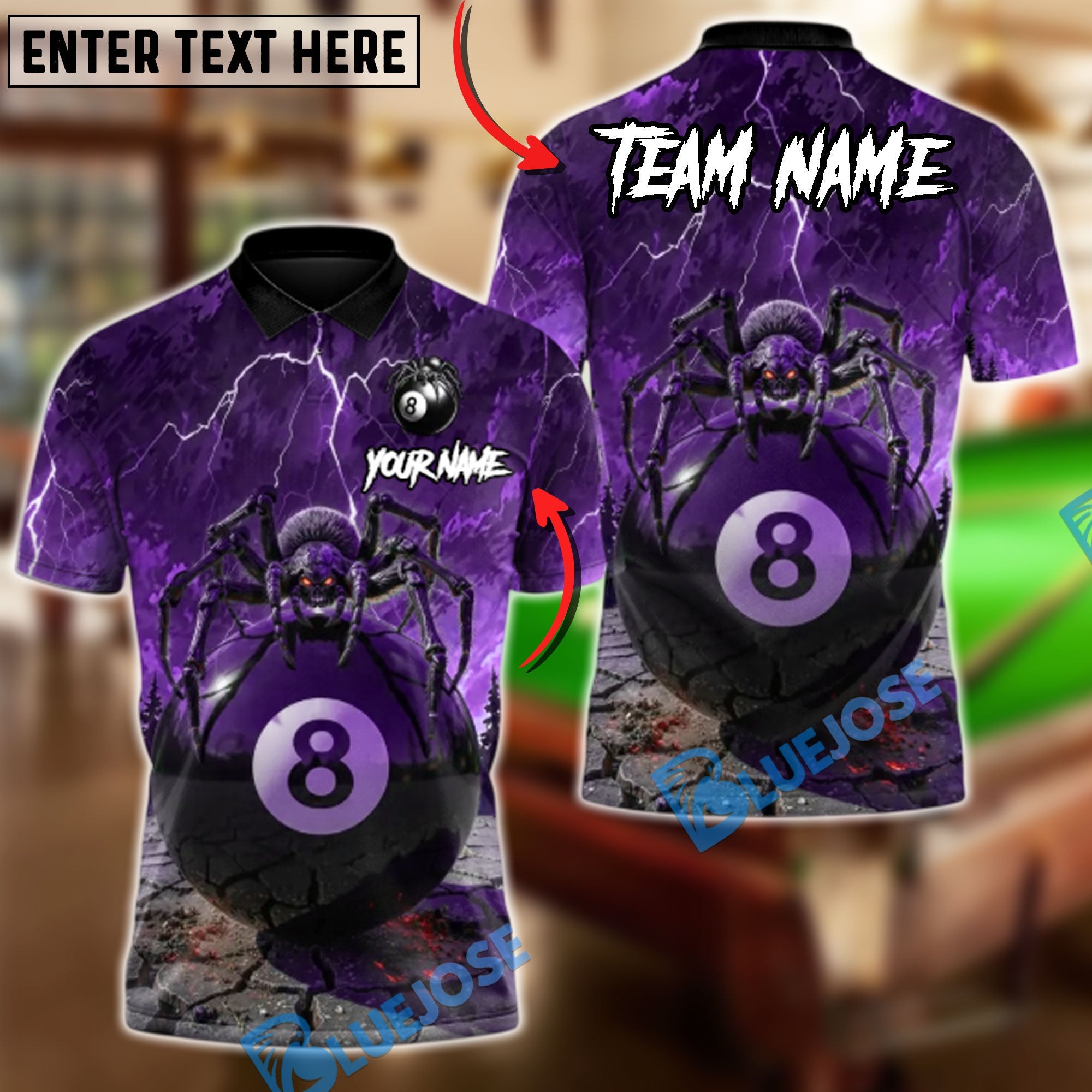 BlueJose Billiards Spider Widow of the 8 Ball Customized Name, Team Name 3D Shirt (6 Colors)