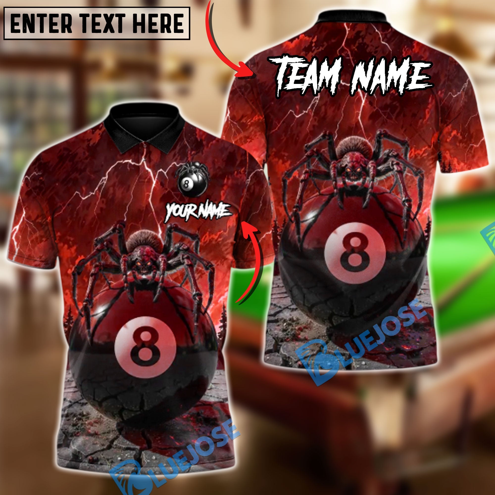 BlueJose Billiards Spider Widow of the 8 Ball Customized Name, Team Name 3D Shirt (6 Colors)