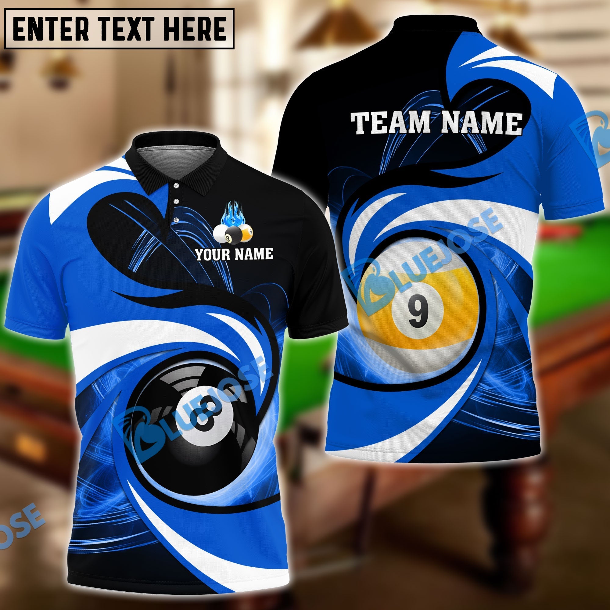 BlueJose Billiards 8 Ball & 9 Ball Stormeye Personalized Name, Team Name Unisex Shirt (6 Colors)