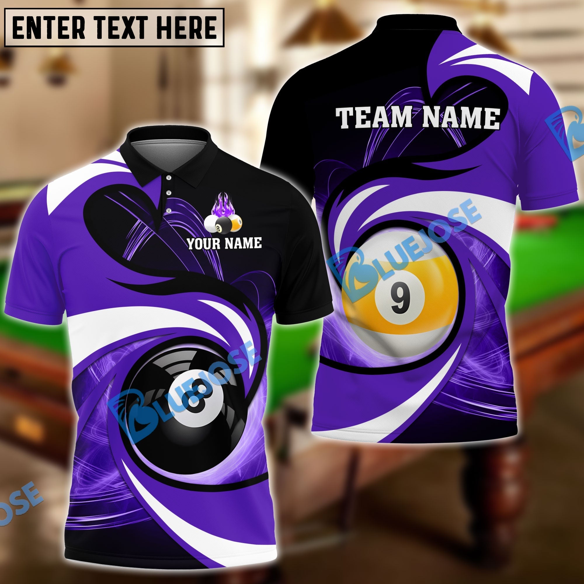 BlueJose Billiards 8 Ball & 9 Ball Stormeye Personalized Name, Team Name Unisex Shirt (6 Colors)