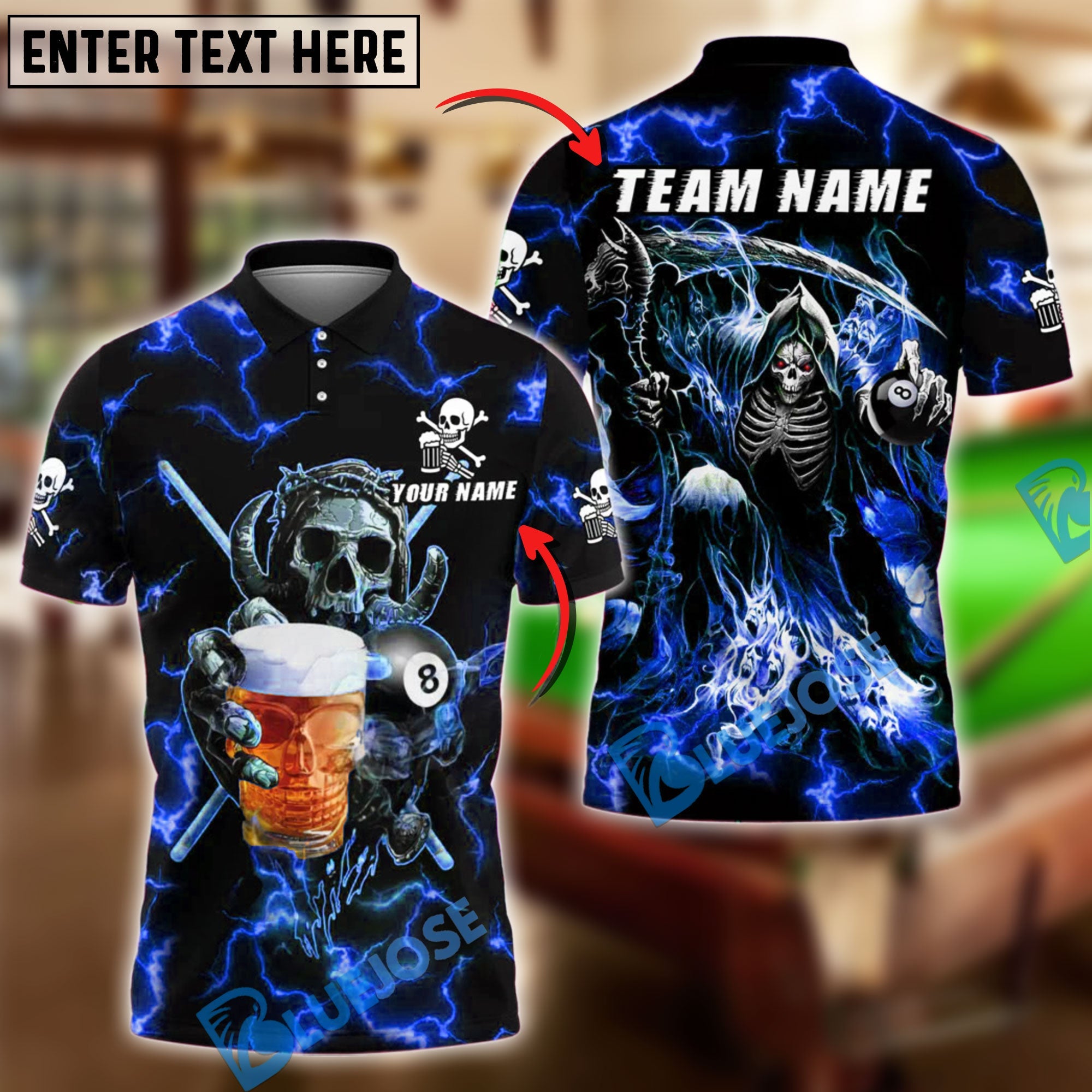 BlueJose Billiards 8-Ball Reaper Skull And Beer Personalized Name Shirt (4 Colors)