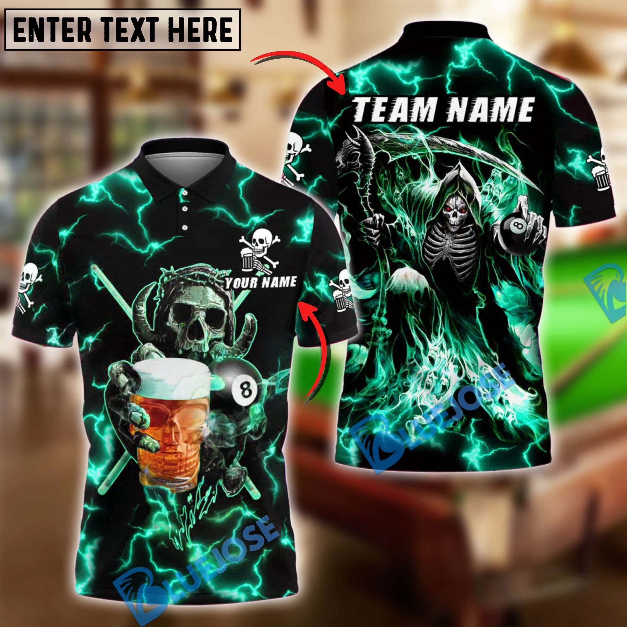 BlueJose Billiards 8-Ball Reaper Skull And Beer Personalized Name Shirt (4 Colors)