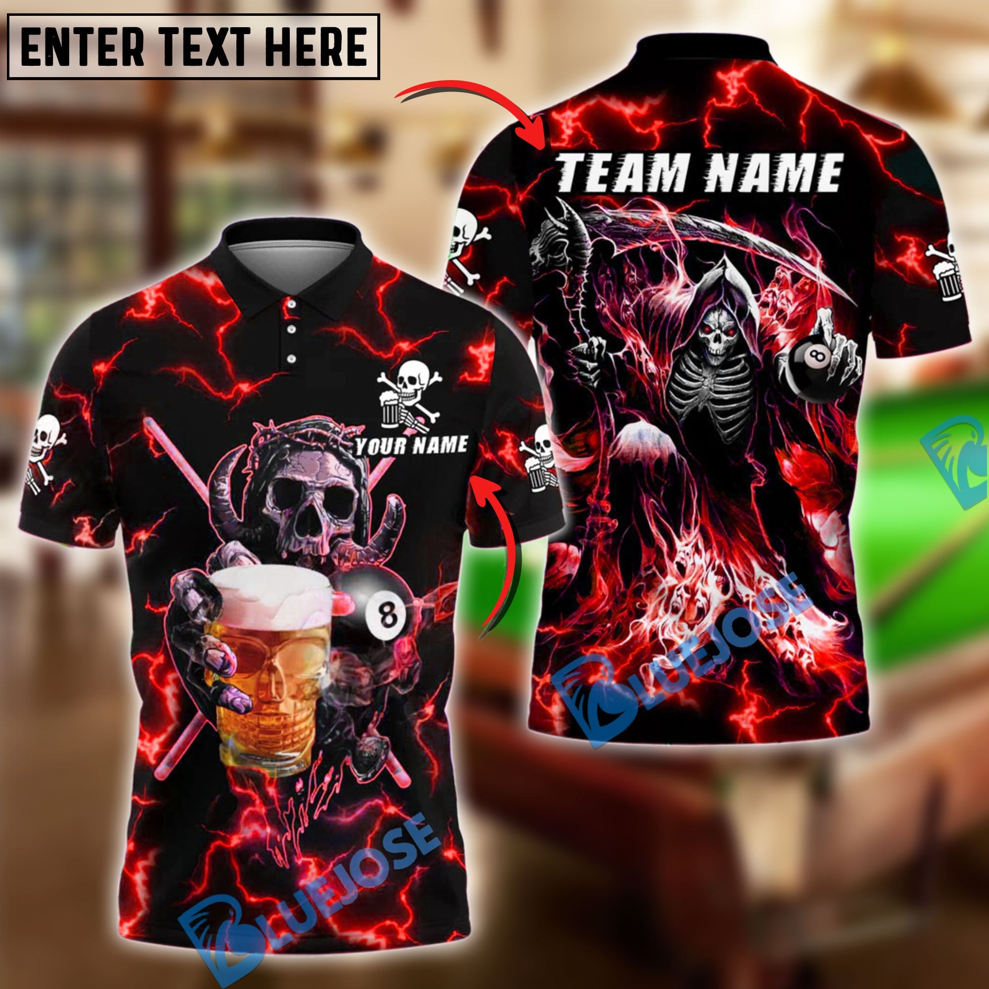BlueJose Billiards 8-Ball Reaper Skull And Beer Personalized Name Shirt (4 Colors)