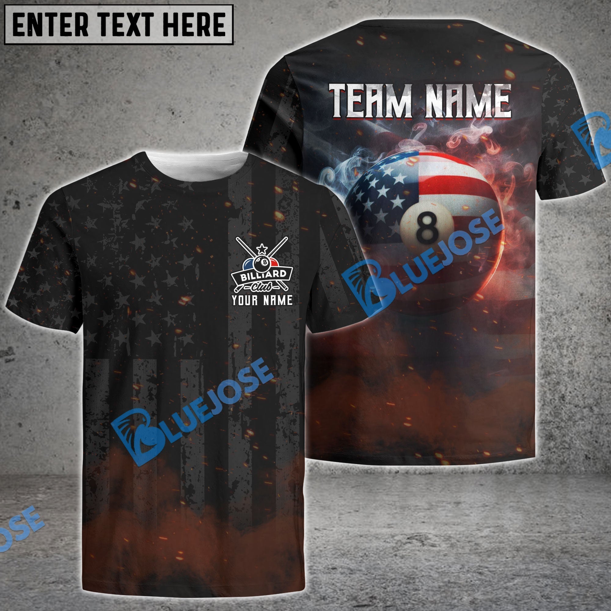 BlueJose Billiards 8 Ball Smoke American Flag Personalized Name, Team Name Shirt