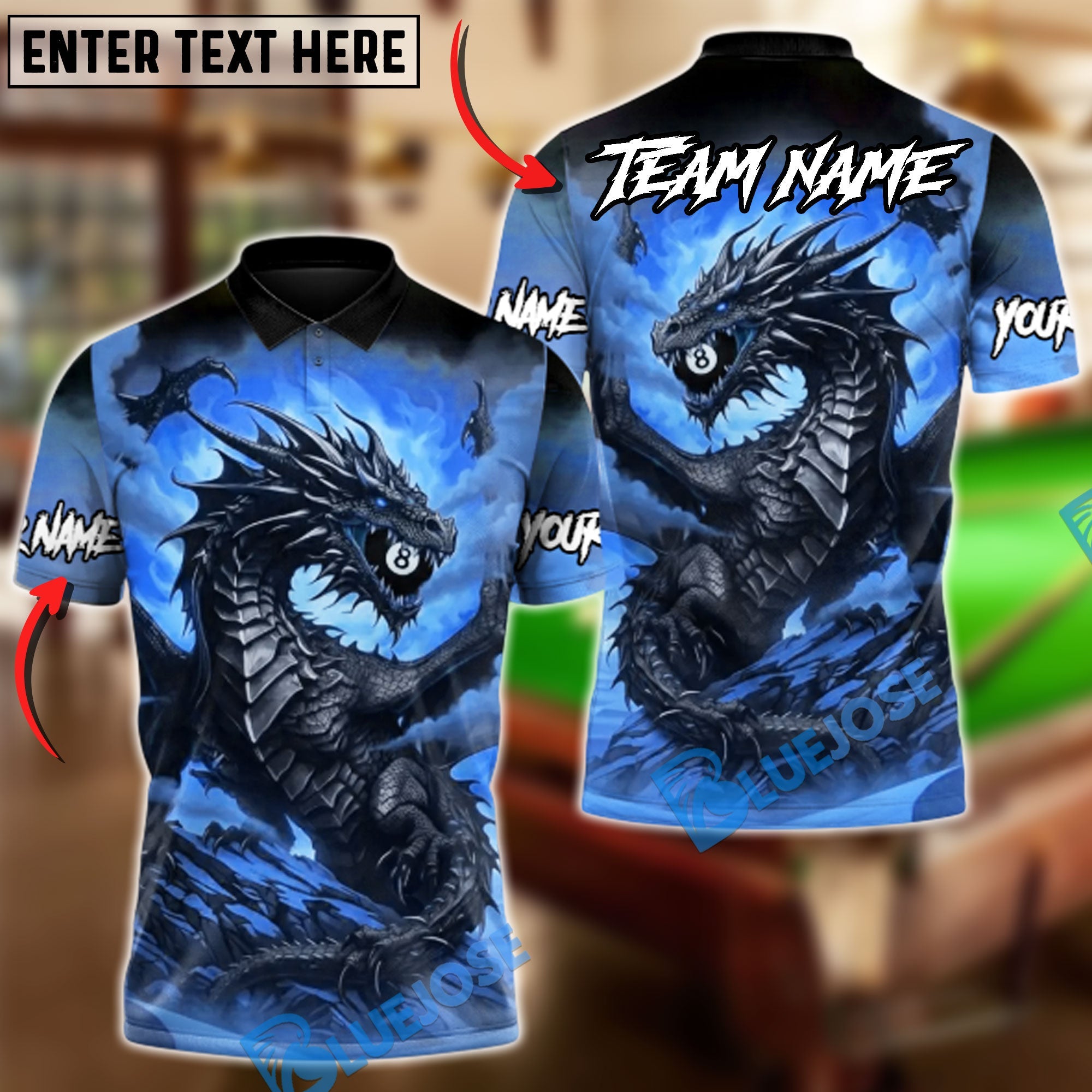 BlueJose Billiards 8 Ball Epic Black Dragon Personalized Name Shirt (4 Colors)