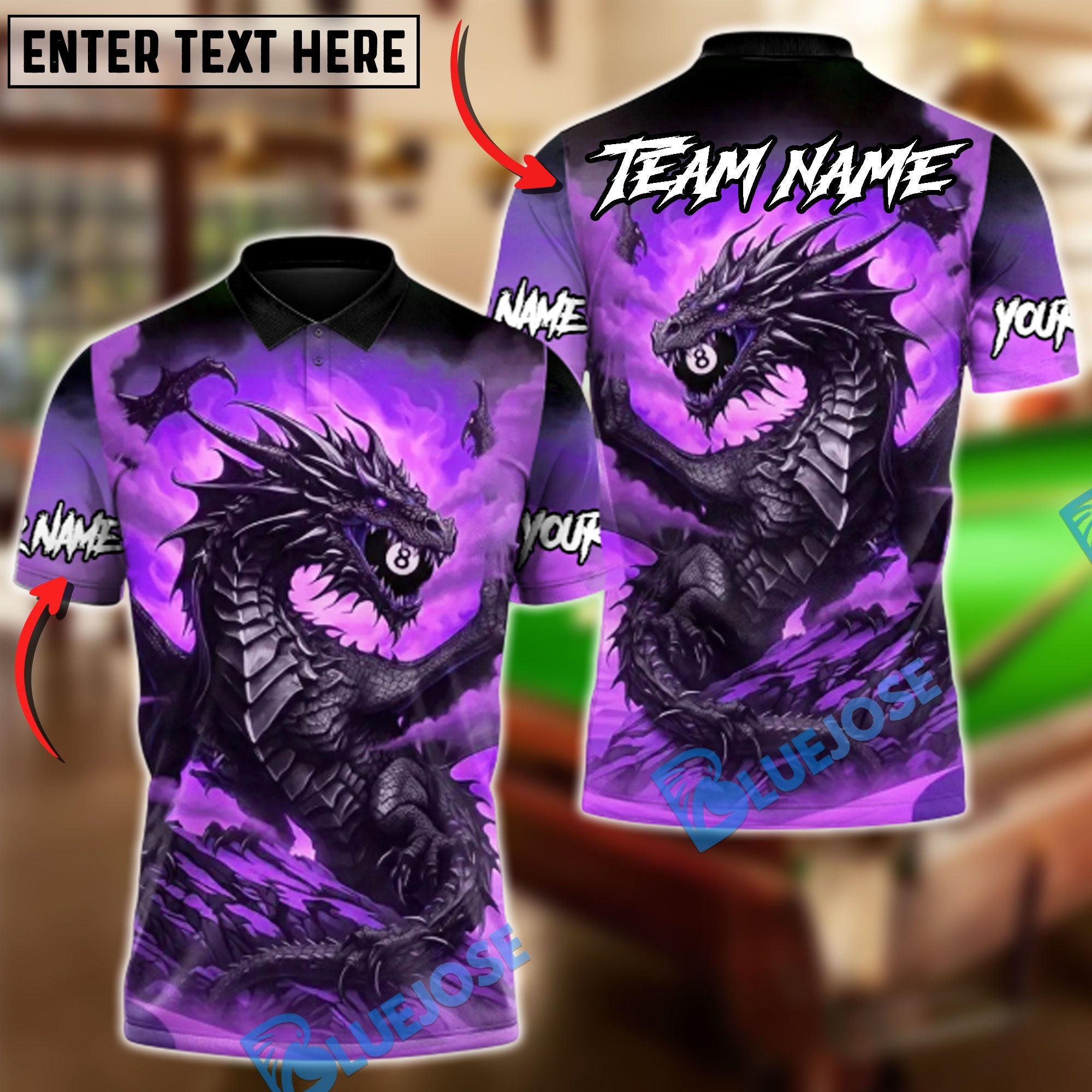 BlueJose Billiards 8 Ball Epic Black Dragon Personalized Name Shirt (4 Colors)