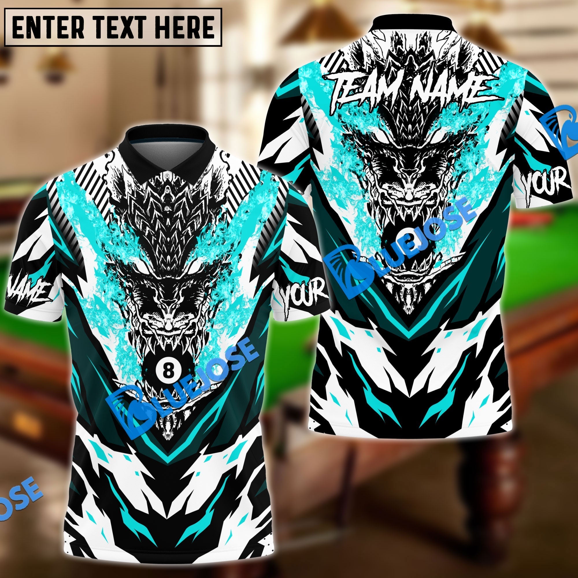 BlueJose Billiards Ball 8 Raging Dragon Personalized Name, Team Name Shirt (4 Colors)