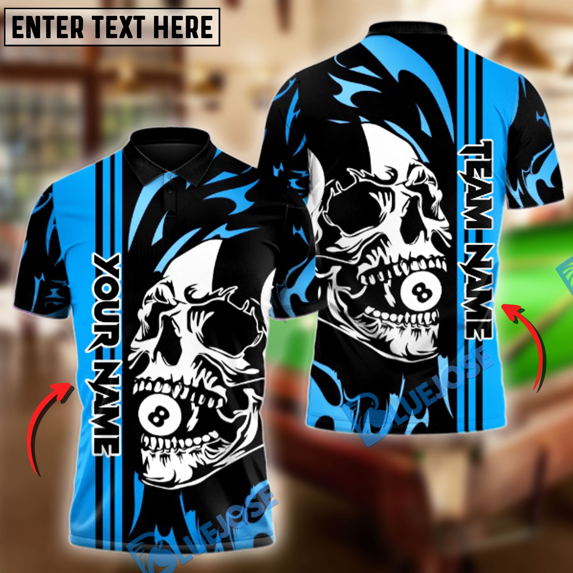 BlueJose Billiards 8-Ball Pool Skull Face Personalized Name, Team Name Shirt (6 Colors)