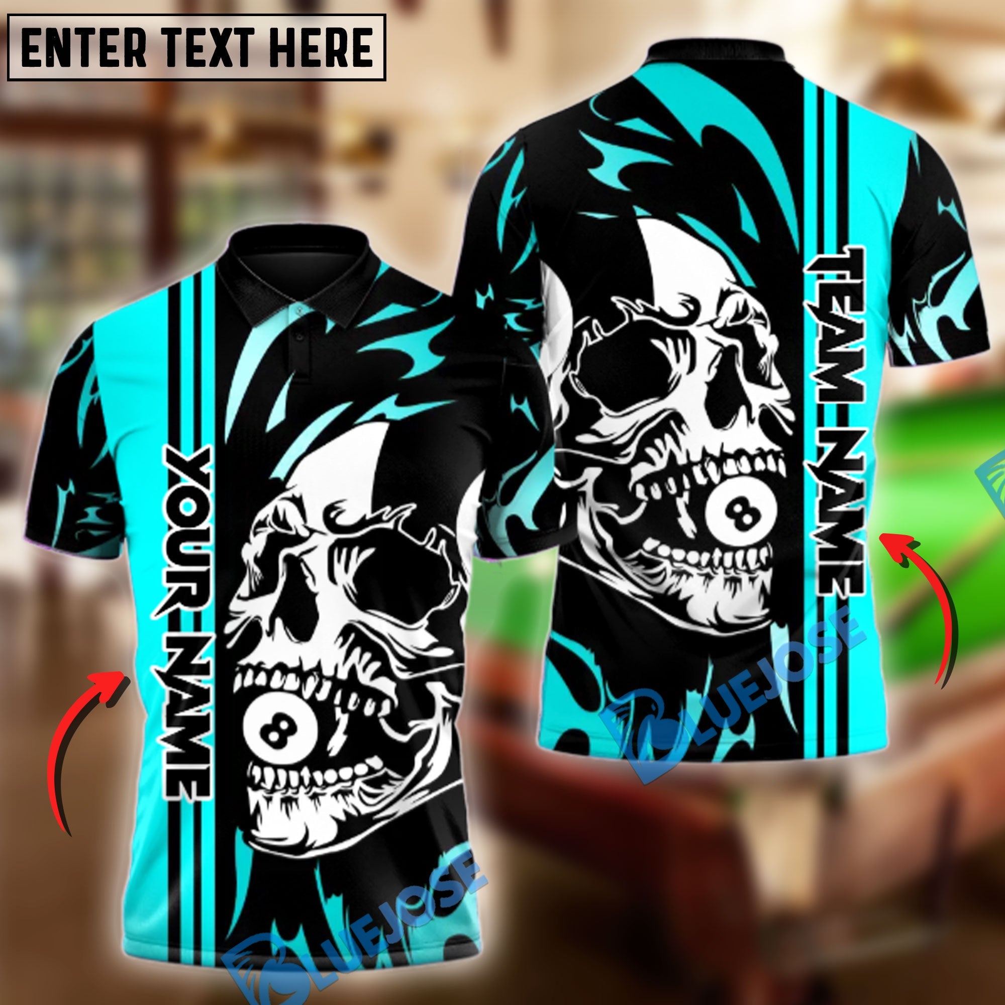 BlueJose Billiards 8-Ball Pool Skull Face Personalized Name, Team Name Shirt (6 Colors)