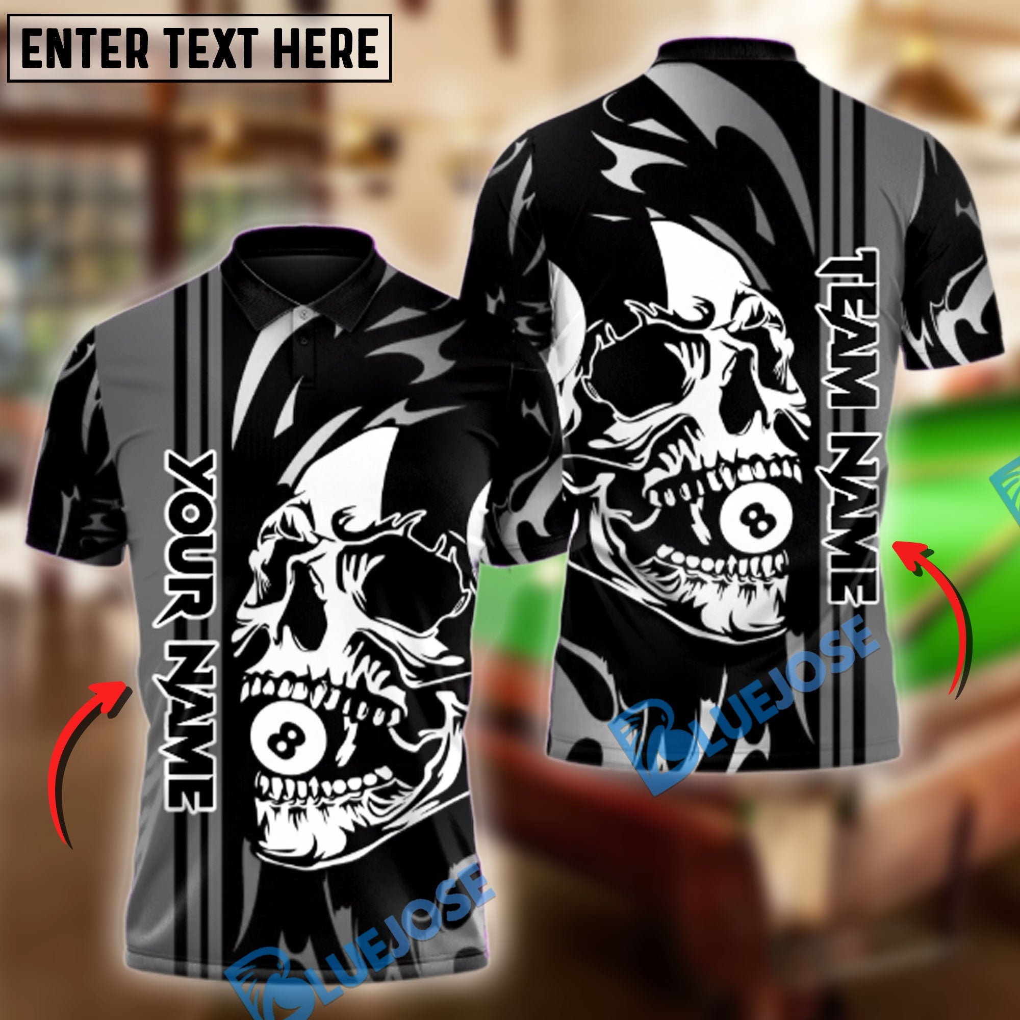 BlueJose Billiards 8-Ball Pool Skull Face Personalized Name, Team Name Shirt (6 Colors)