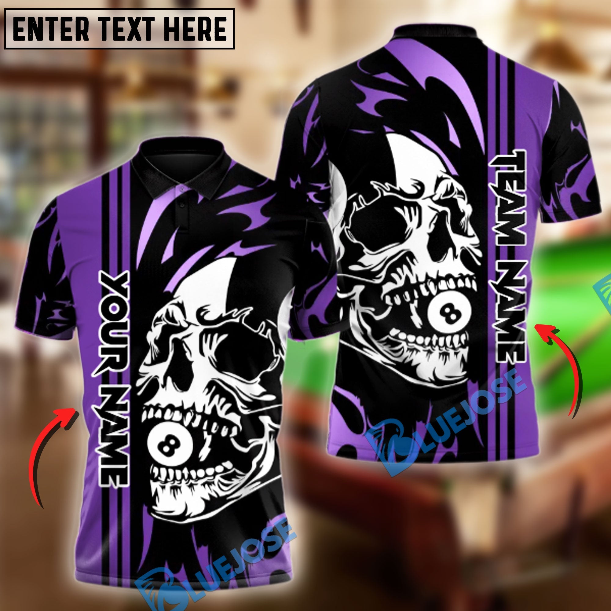 BlueJose Billiards 8-Ball Pool Skull Face Personalized Name, Team Name Shirt (6 Colors)