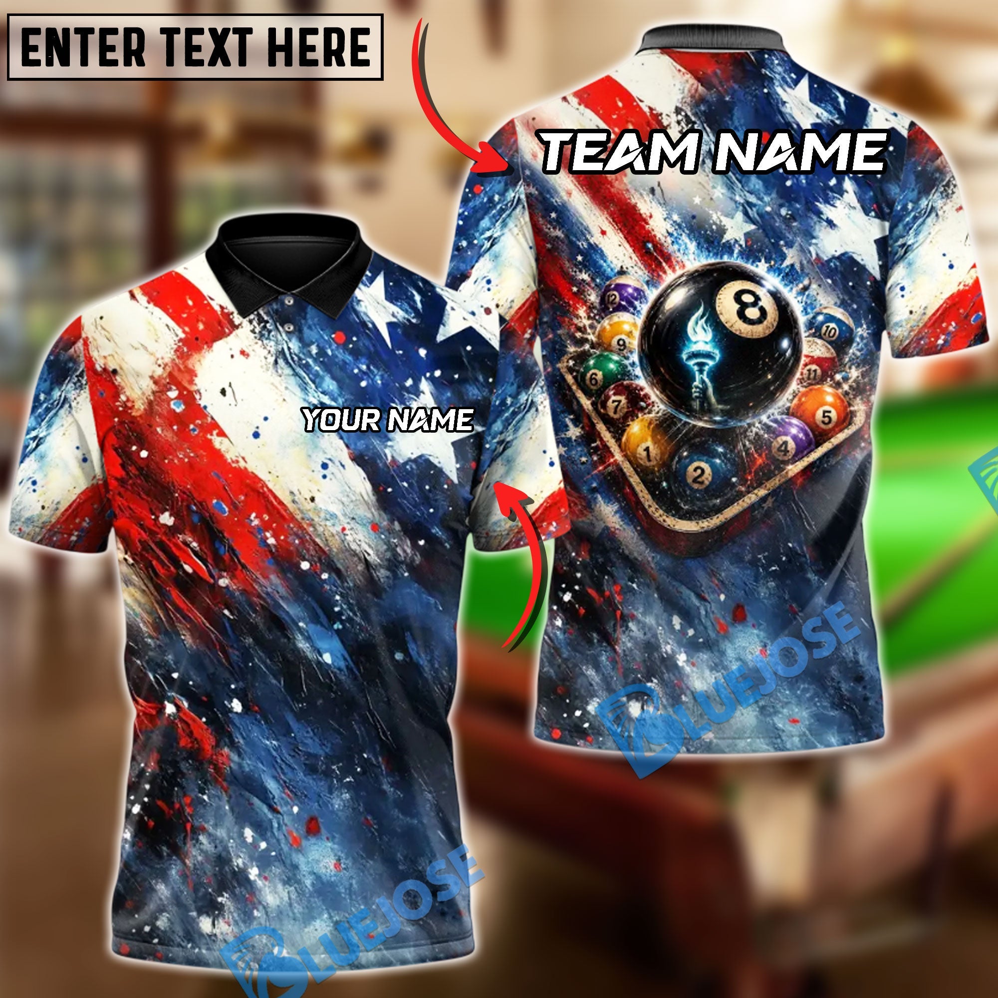BlueJoses Billiards 8 Ball Fierce Patriotic USA Flag Magic Customized Name, Team Name 3D Shirt