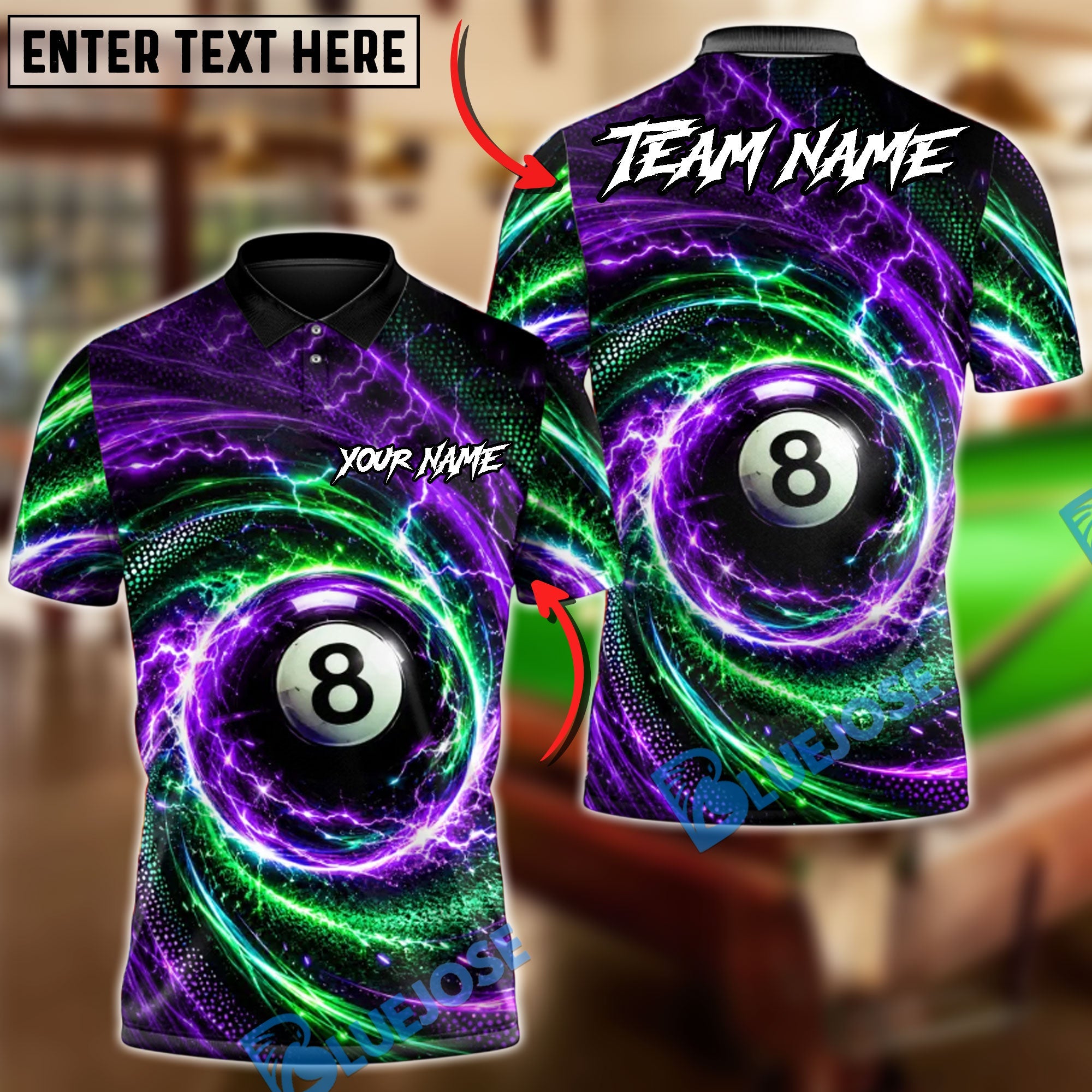 BlueJose Billiards 8 Ball Lightning Swirl Strike Personalized Name Shirt (4 Colors)