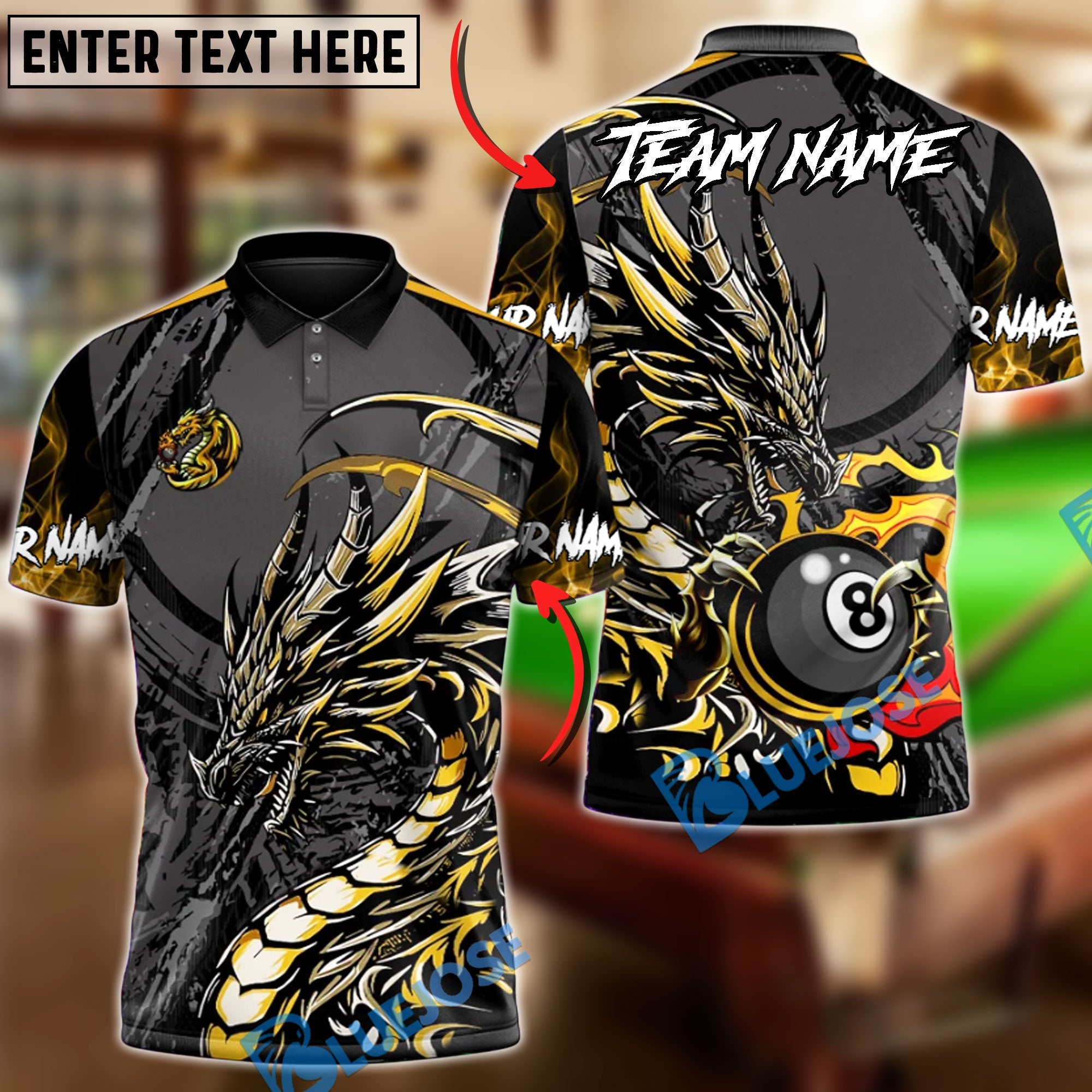 BlueJose Billiards 8 Ball Golden Dragon Fire Personalized Name Shirt (6 Colors)