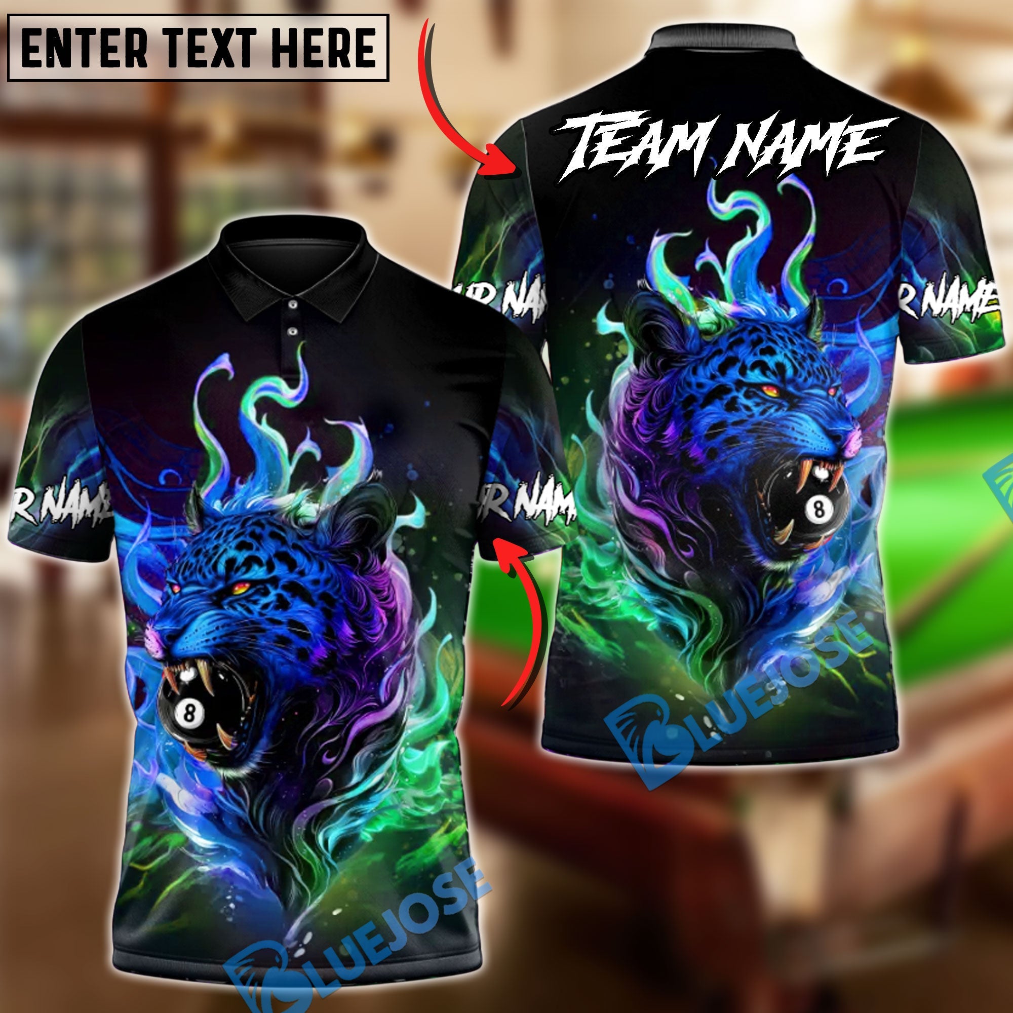 BlueJose Billiards Badass Neon Jaguar Biting 8-Ball Personalized Name Shirt (4 Colors)