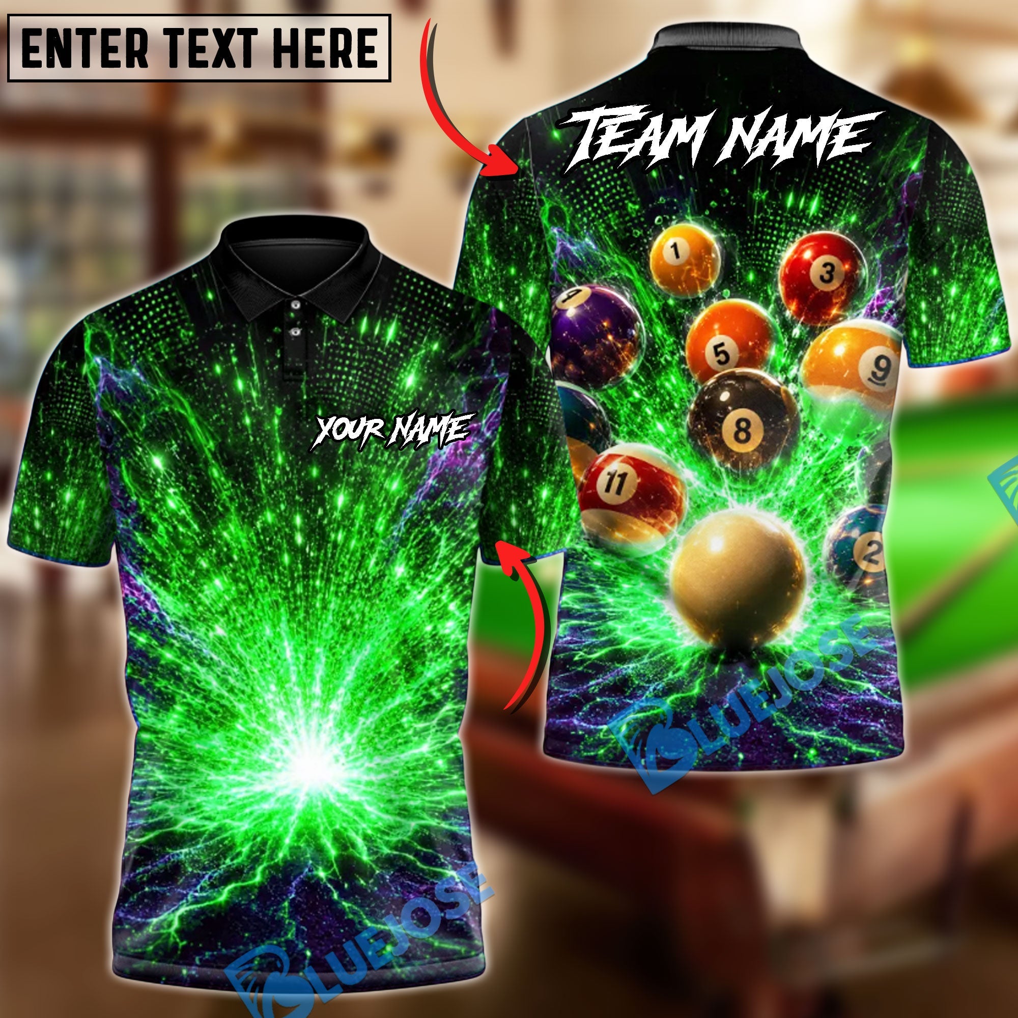BlueJose Billiards 8 Ball Electric Shot Personalized Name Shirt (6 Colors)
