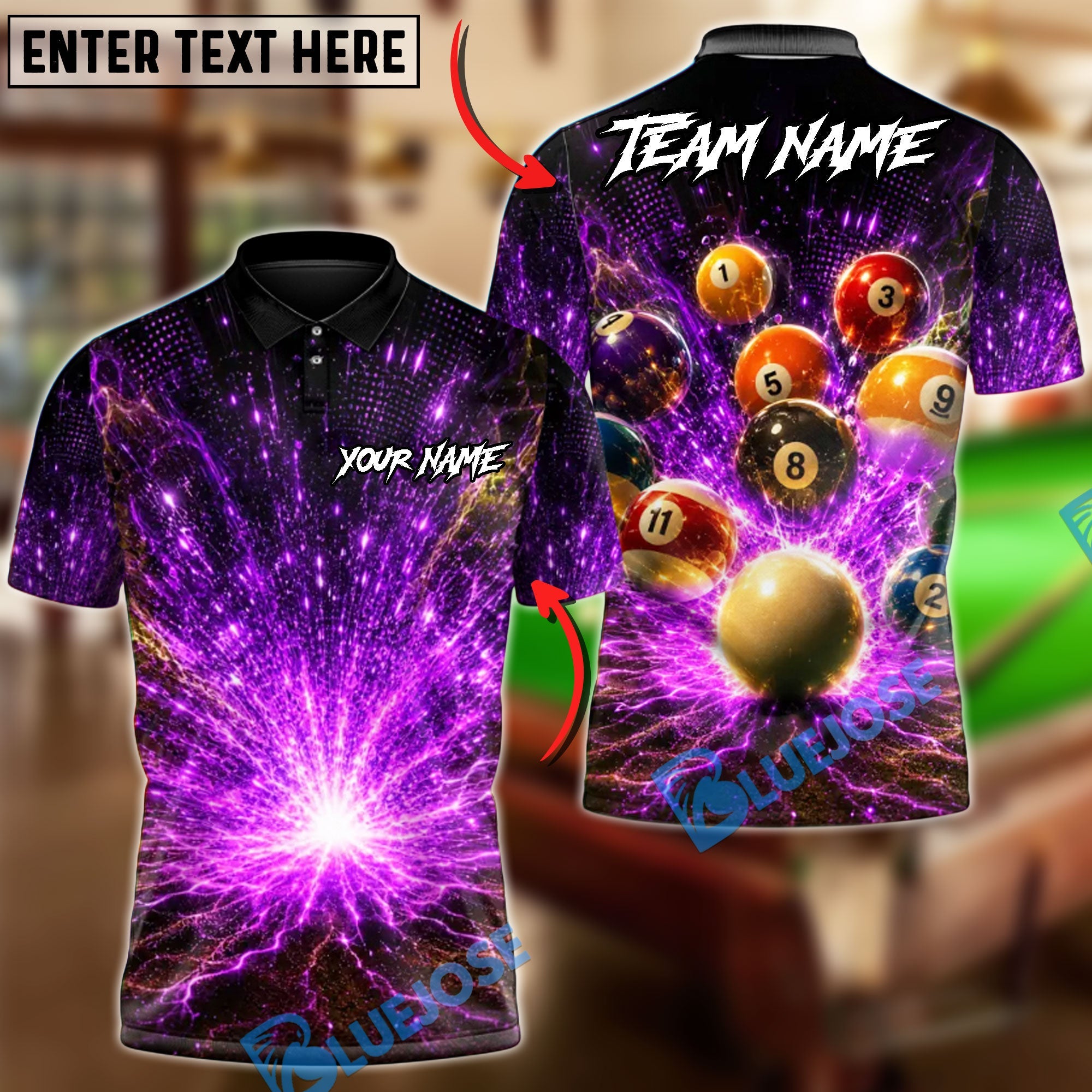 BlueJose Billiards 8 Ball Electric Shot Personalized Name Shirt (6 Colors)