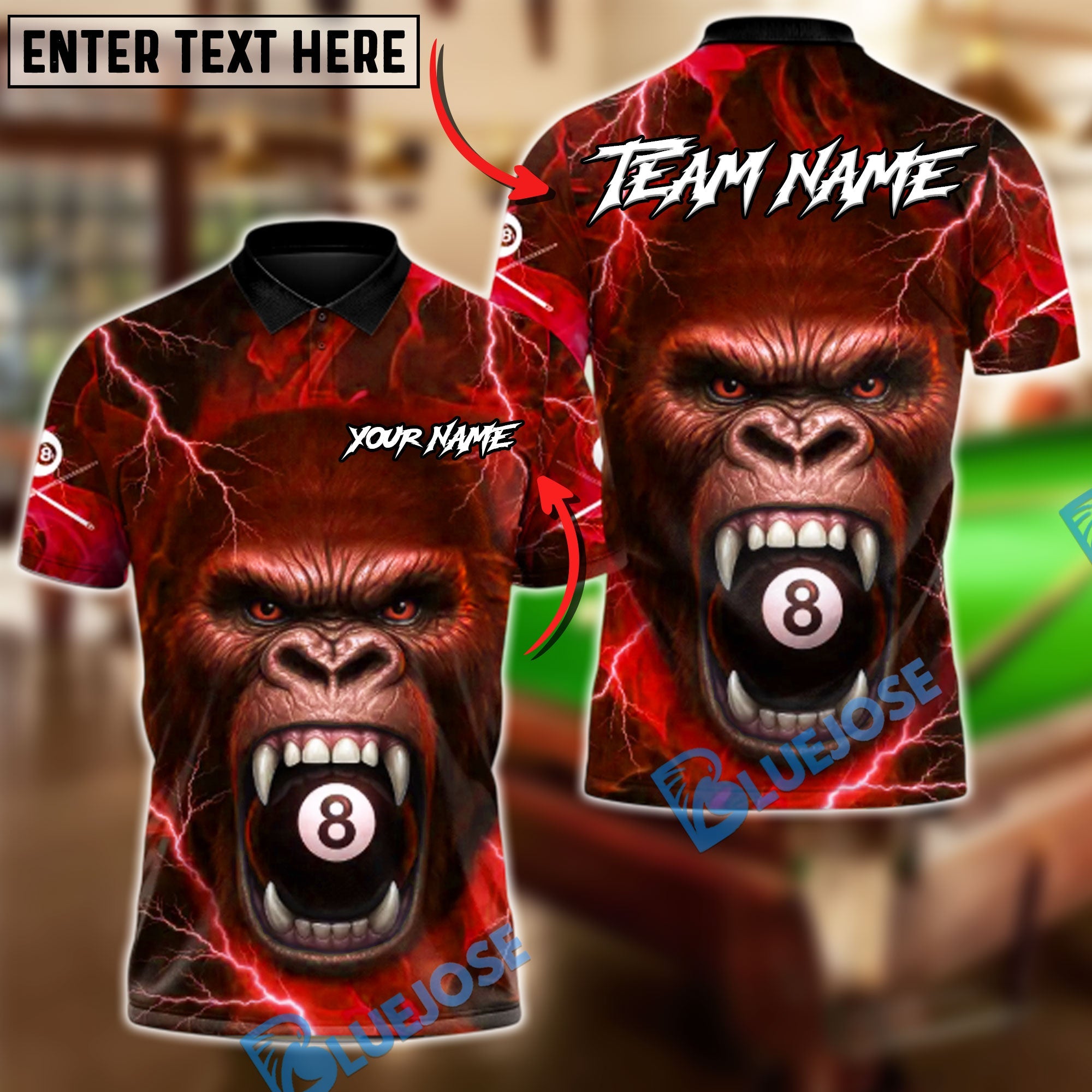 BlueJose Billiards Ball 8 Gorilla Fury Personalized Name, Team Name Unisex Shirt (4 Colors)